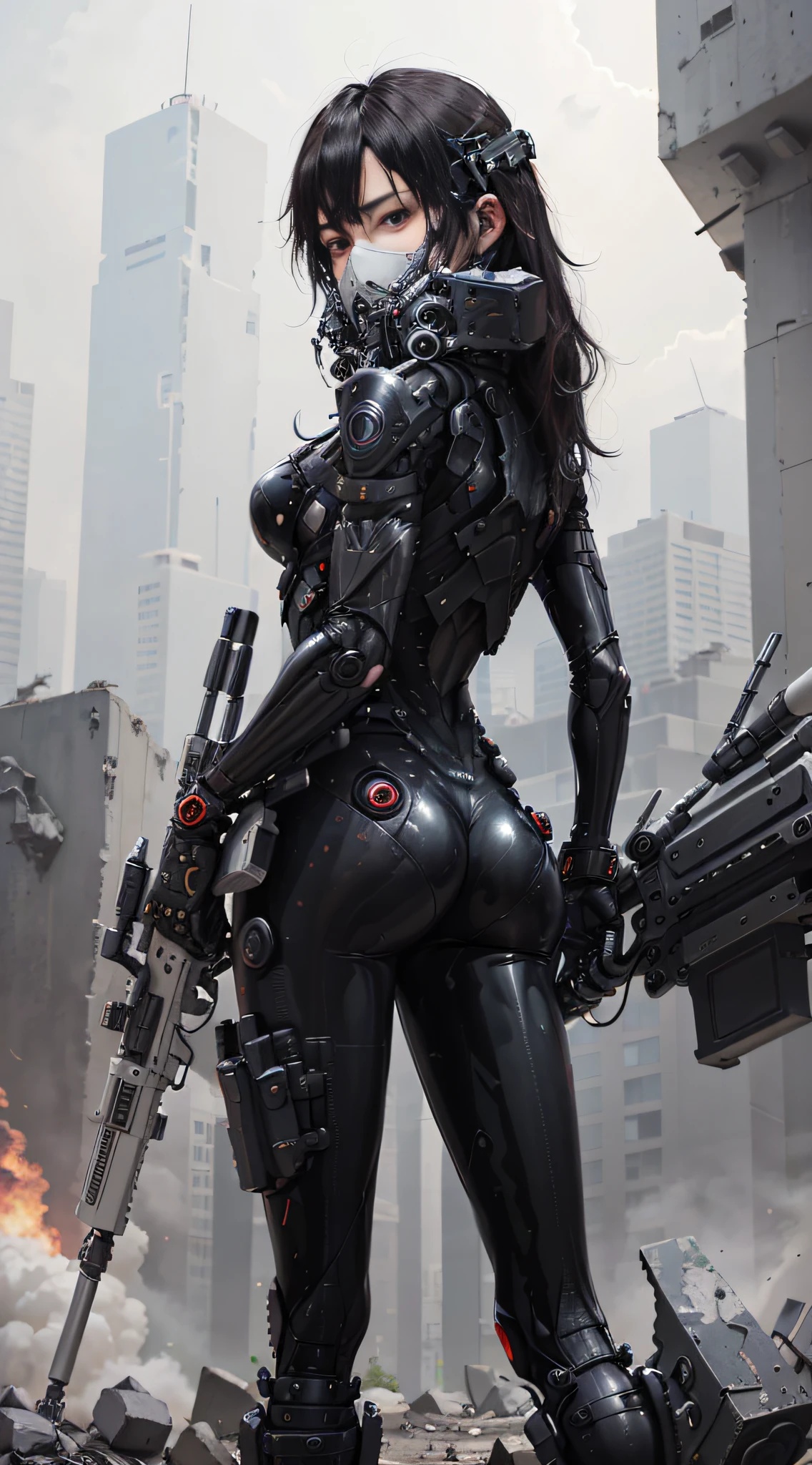 This is a CG Unity 8k wallpaper with ultra-detailed, high-resolution and top quality in cyberpunk style, dominated by black and red. In the picture, a beautiful girl with short white messy hair, a delicate face, wearing a steam mecha mask, standing on the ruins, (battle damage: 1.5), the action of a woman holding a heavy sniper rifle in her hand,