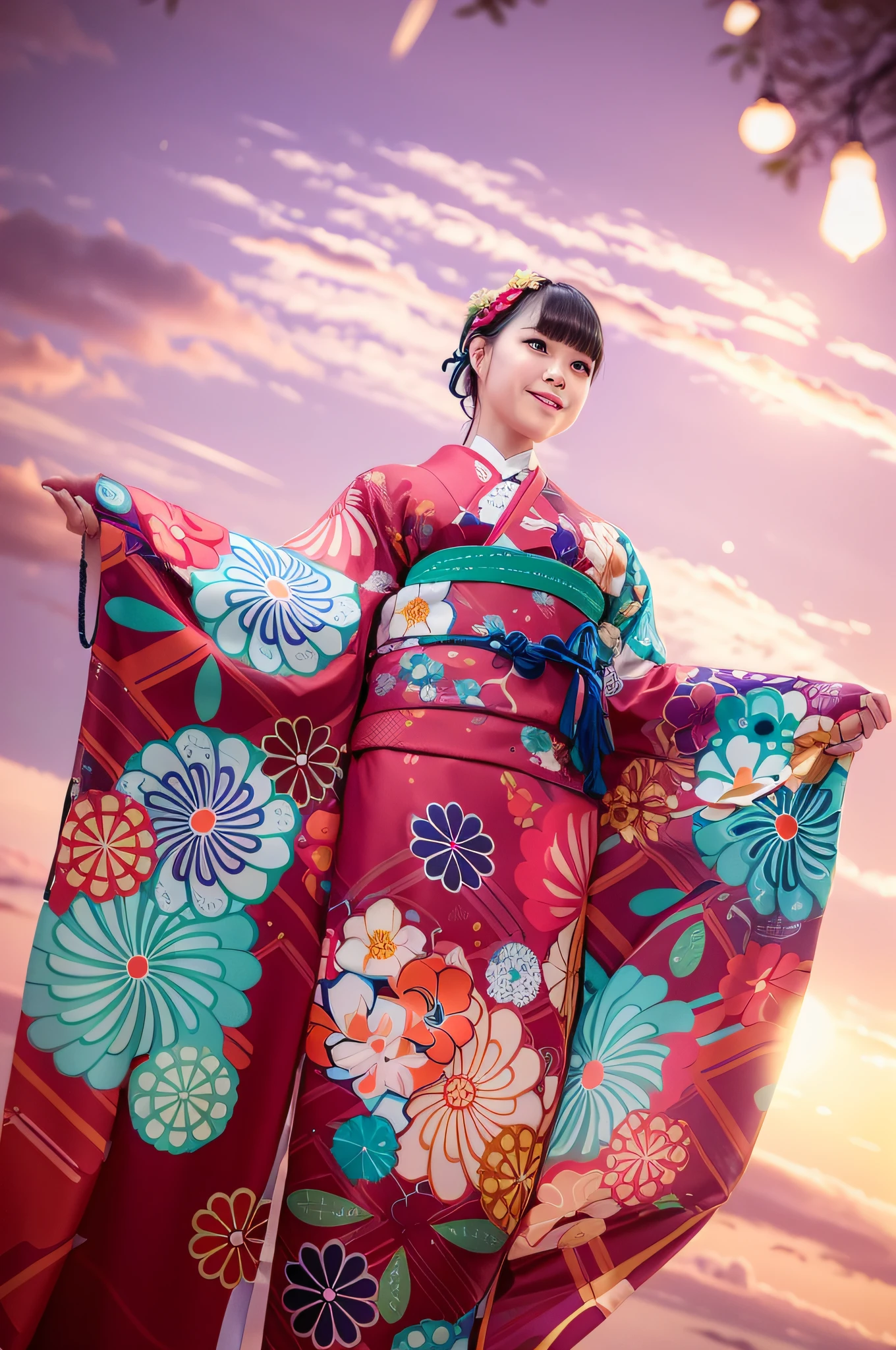 araffe dressed in a kimono standing on a stage with a bright light, wearing royal kimono, kimono, yukata clothing, japanese kimono, wearing kimono, in kimono, wearing a colorful yukata, pale and coloured kimono, wearing a kimono, in a kimono, classy yukata clothing, wearing rainbow kimono, ukiyo-style, shikamimi --auto --s2
