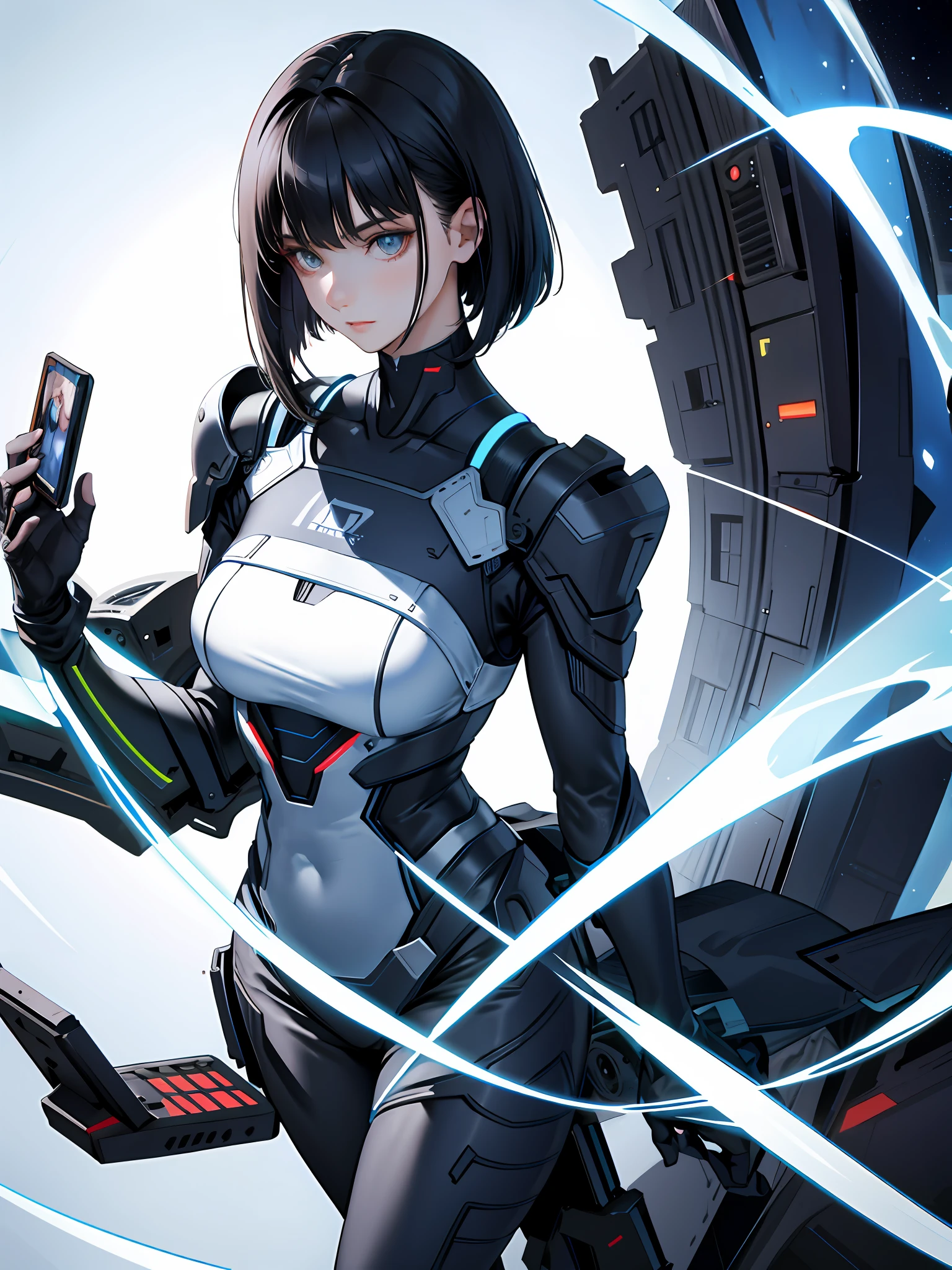 (highest resolution, distinct_image), best quality, depiction thick, face, upper body, masterpiece, semi-realistic, short black haired woman,, triple bangs, black uniform, plug suit, spaceship space, control room, commander
