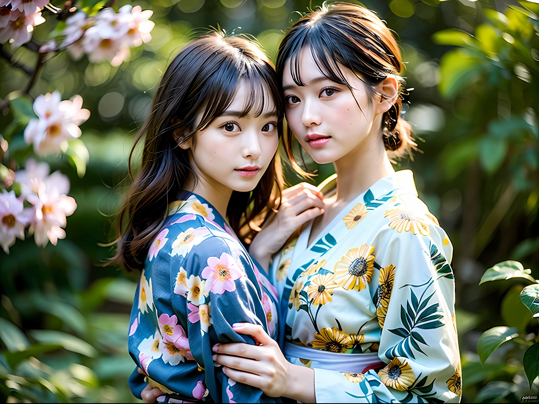 (8k, highest quality, master pee: 1.2), (hair, _style), (realistic, photorealistic: 1.37), highest quality, master pee, shooting studio with summer sunlight, simple background, [small breasts], two models with different atmospheres, one of the two in perspective and balanced, one photo, high balance, backlight, waist up, Camera angle with background up, hands holding hair to ears, shot with natural light from morning to noon, hair arrangement and summer yukata style according to the trend of 2023, 3 years Japan for two, realistic, realistic, super detail, beautiful face, 30s, actress, half Japanese and Russian model, elaborate CG, slender, adorable, mature woman, long model and bob model Japan 3 years for 2, Hair fluttering in the wind, delicate skin type, hair with fine details and softness, model hair color is slightly bright and soft, glossy makeup, yukata is gentle color and cute impression