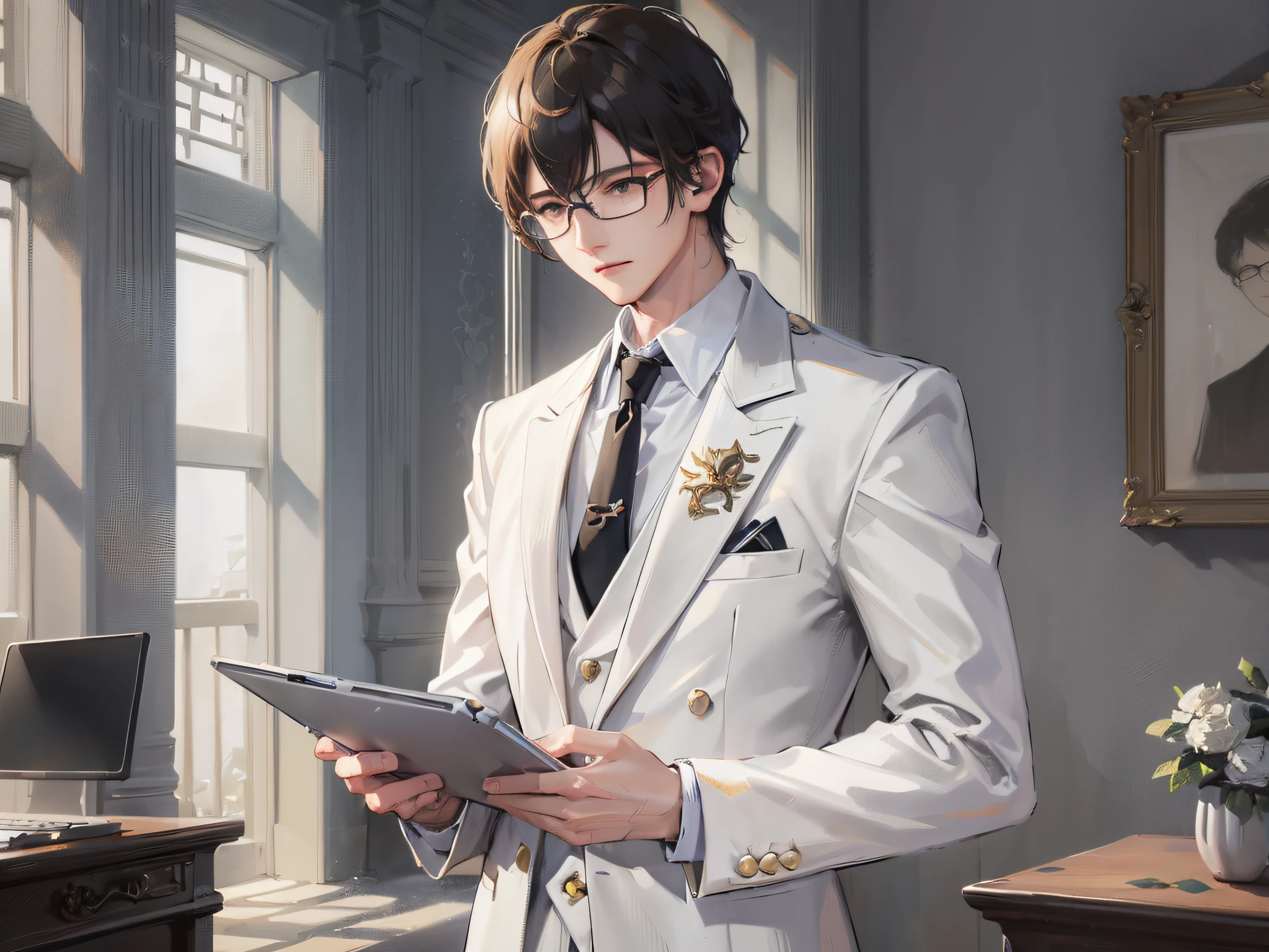 (HD, ultra-fine CG picture, best picture quality, fidelity), (best light and shadow effect, very delicate and beautiful), study, white desk, young man with glasses, white suit, tie, premium laptop, bright background lighting, entrance and exit doors, plenty of bright light.