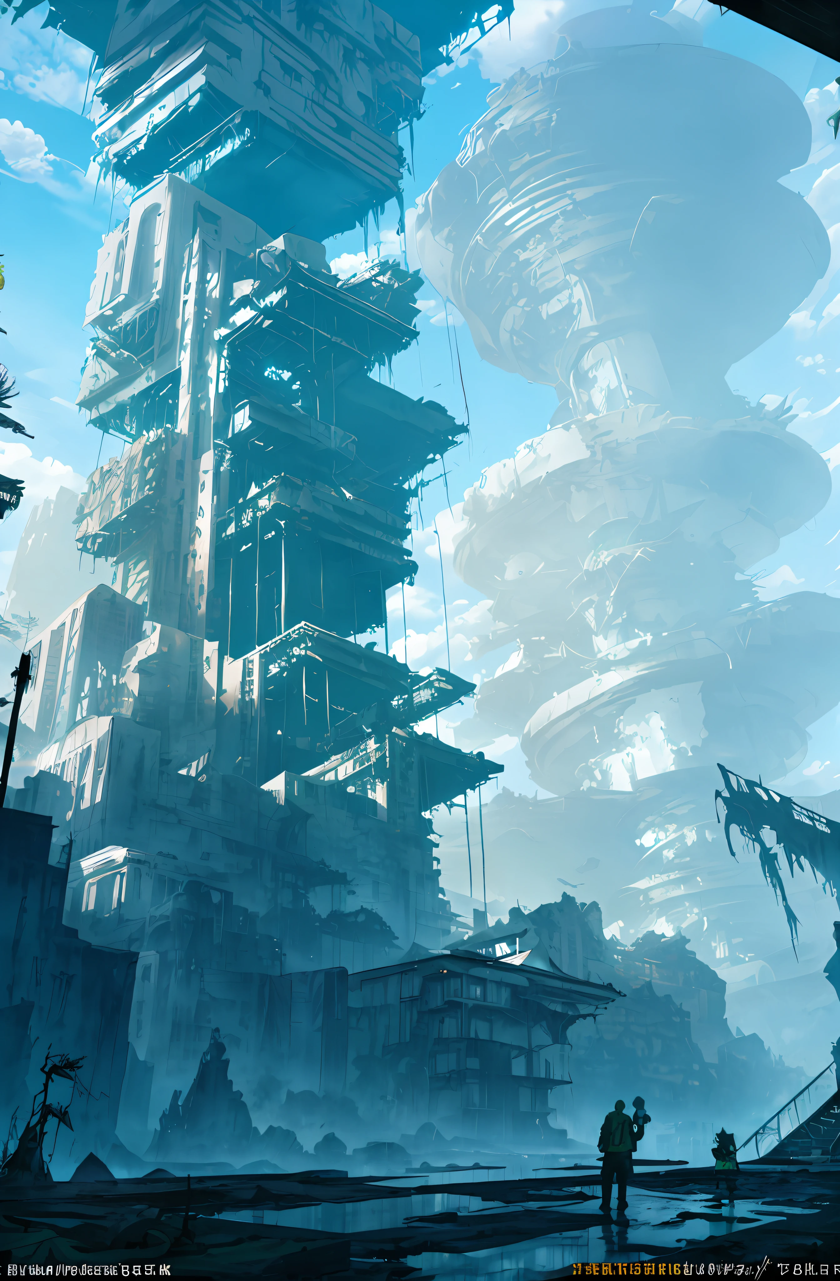ConceptArt, (ruins), water flooded city, uninhabited, landscape, water, sky, daytime, modern style architecture, stairs, outdoor, architecture, nature, river, blue sky, rainforest biome, unconventional plant community, perfect layout, perspective, constructive approach, industrial staircase, (rusty, pile of broken windows)