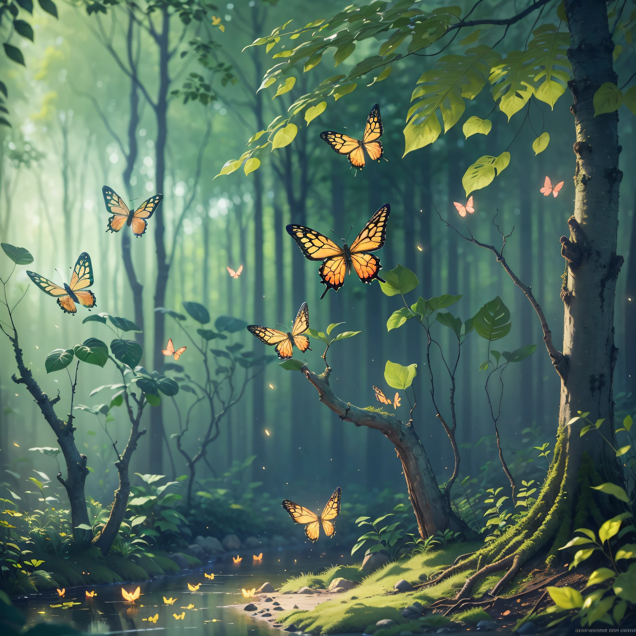 A masterpiece, the best quality, stunning reflections, the best reflections ever. (very detailed CG unity 8k wallpapers), (best quality), (best illustrations), (best shadows), forest theme with natural elements. Tall trees, quiet streams, small glowing mushrooms surrounded by delicate leaves and branches, with fireflies and glowing particle effects,, (natural elements), (jungle theme), (leaves), (twigs), (fireflies), butterflies, (delicate leaves), (glow), (particle effects). , Isometric 3D, Octane Rendering, Ray Traced, Super Detailed --auto --s2