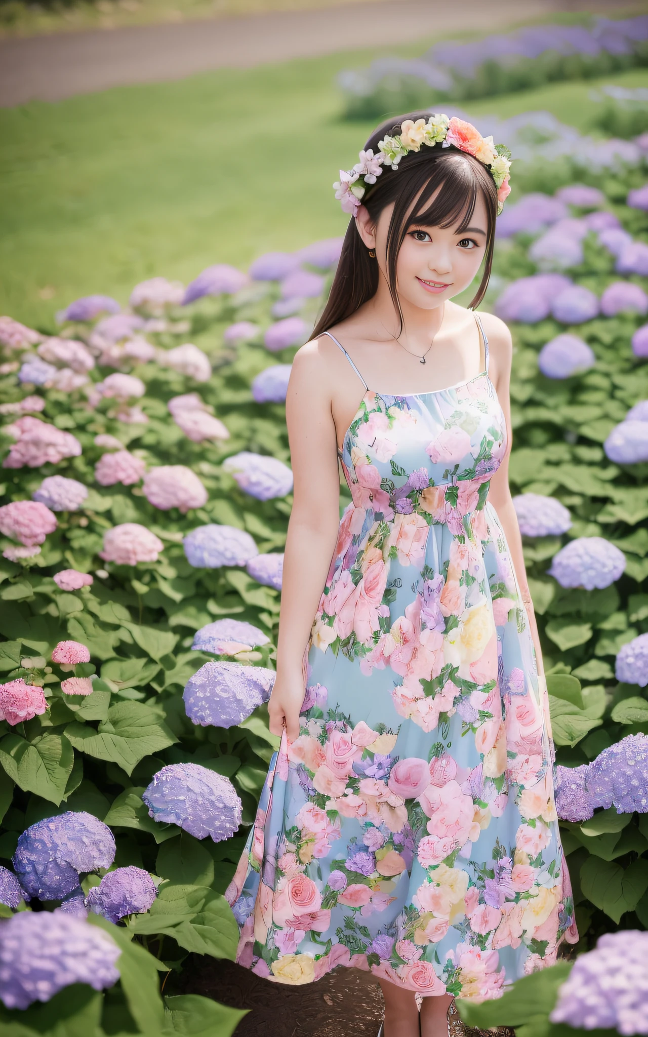 20 years old, twilight rays, wedding dress, corolla, (((Tokugawaen)), hydrangea front bokeh, bokeh, photorealistic, surrounded by hydrangeas, background dark, smiling, (one girl), (sunset: 1.3), (8k, raw photography, best quality, masterpiece: 1.2), (realistic, photorealism: 1.37), best quality, ultra high resolution, (focus plane: 1.8), ( Portrait: 1.7), (Intense:1.1), (Details:1.1), (Highest Quality), (Analog:1.2), (High Sharp), Canon EOS R Photography, (Summer Dress:1.4), (Standing in a Flower Garden:1.3), (Vivid and Colorful:1.3)