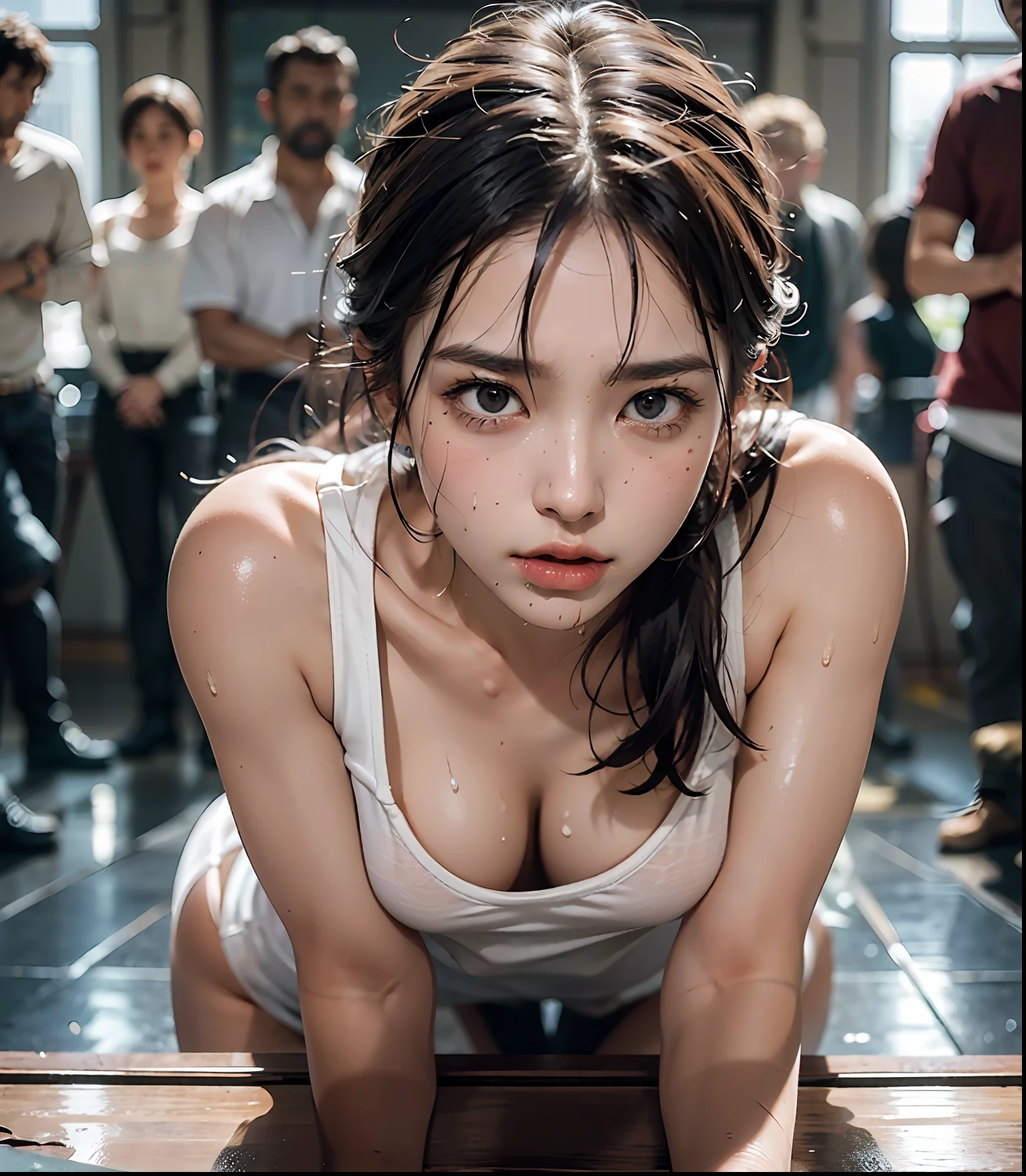 ((Masterpiece, High Quality, 8K)), Ultra Detailed, RAW Photo, Ultra-fine Illustration, Shortened, Perfect Anatomy, Correct Anatomy, Perfect Proportions, Ultra-Detailed Skin, Masterpiece, Best Quality, High Resolution, ((Surrounded by Multiple Men)), ((Surrounded by Multiple Men)), ((Many Men)), ((Beautiful Woman)), 18 years old, Crying, Staring at a man, Chagrined expression, disheveled hair, Loose mouth, drooling, small, supple abs, slender, sweaty wet body, indoors, ripped shirt, white panties, lying down, from above, hands on a man, anger, floor, rough breath, sexual expression, public toilet