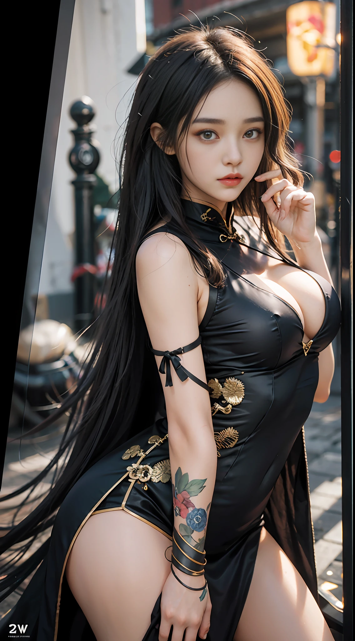 (Valencia:1 girl Girl), A Masterpiece, Bestquality, Raw Photo, lifelike, FACE, Incredibly ridiculous, beatiful girl,MAGIC, long long hair, depth of view, Highres, Hyperdetailed, finelydetail, RAWExtremely detailed, extremely detailed eyes and face, Sharp pupils, Realistic Pupils, Sharp focus, cinematic Lighting,fulllllbody,cheongsam,Big boob,Night street,dynamic poses