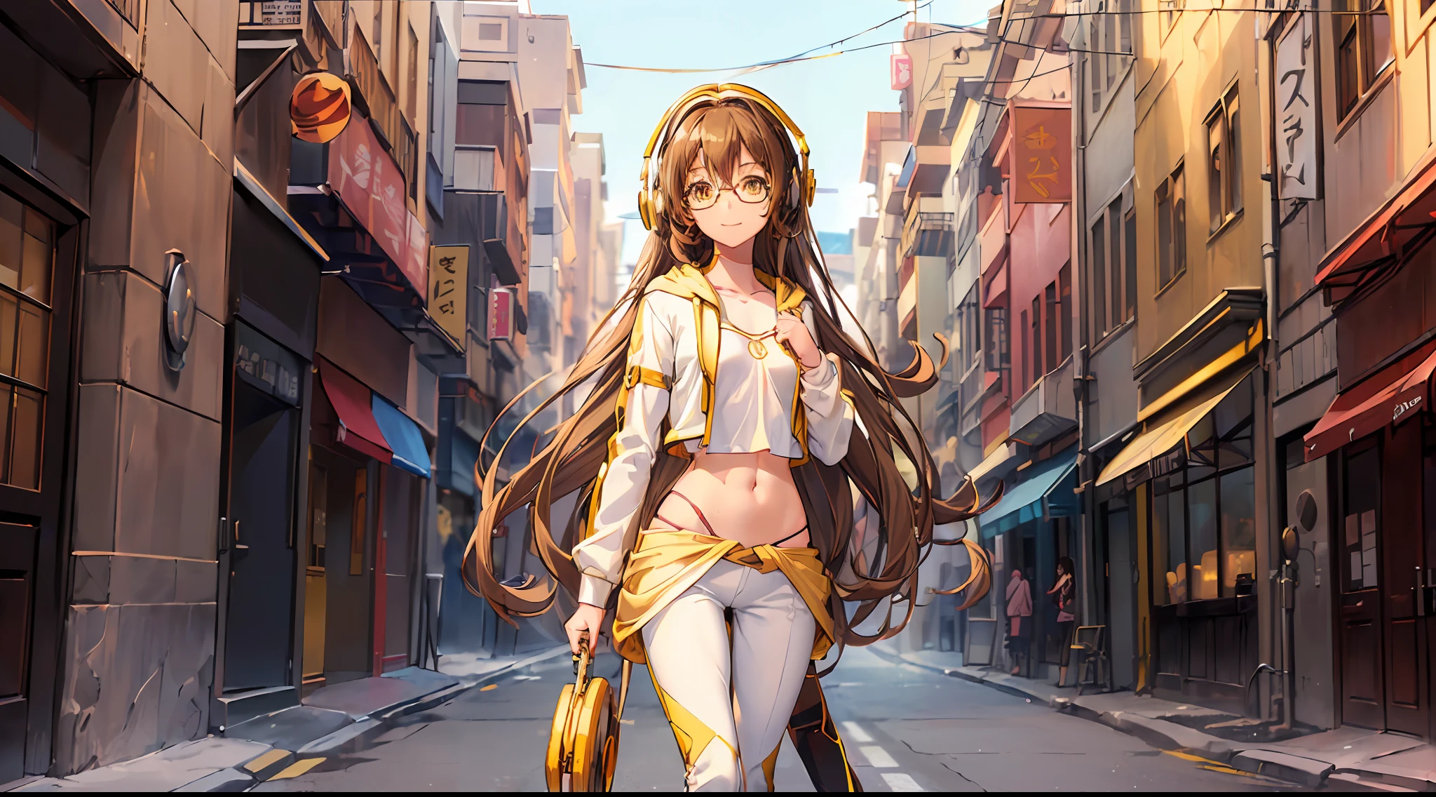 ((1girl, young anime woman, long brown hair, beautiful golden eyes, bright eyes, glasses, marauding smile, headphones, medium breasts, medium ass, thin waist, little muscle, white and yellow hooded jacket, white pants)), standing, (three points of view), bottomless, masterpiece, ultra-realistic, ultra-detailed