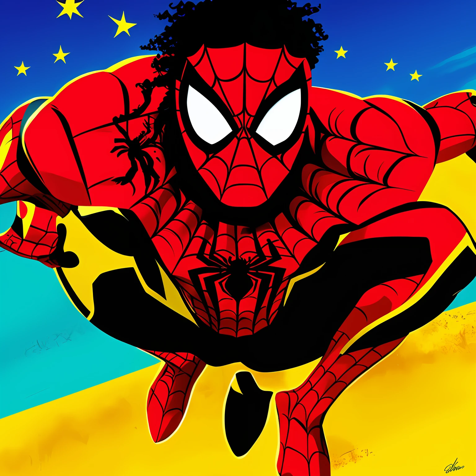 Spider man, Angolan male, red suit, yellow stripes, and spider symbol in black, Angolan African style, Spider man into the Spider verse style