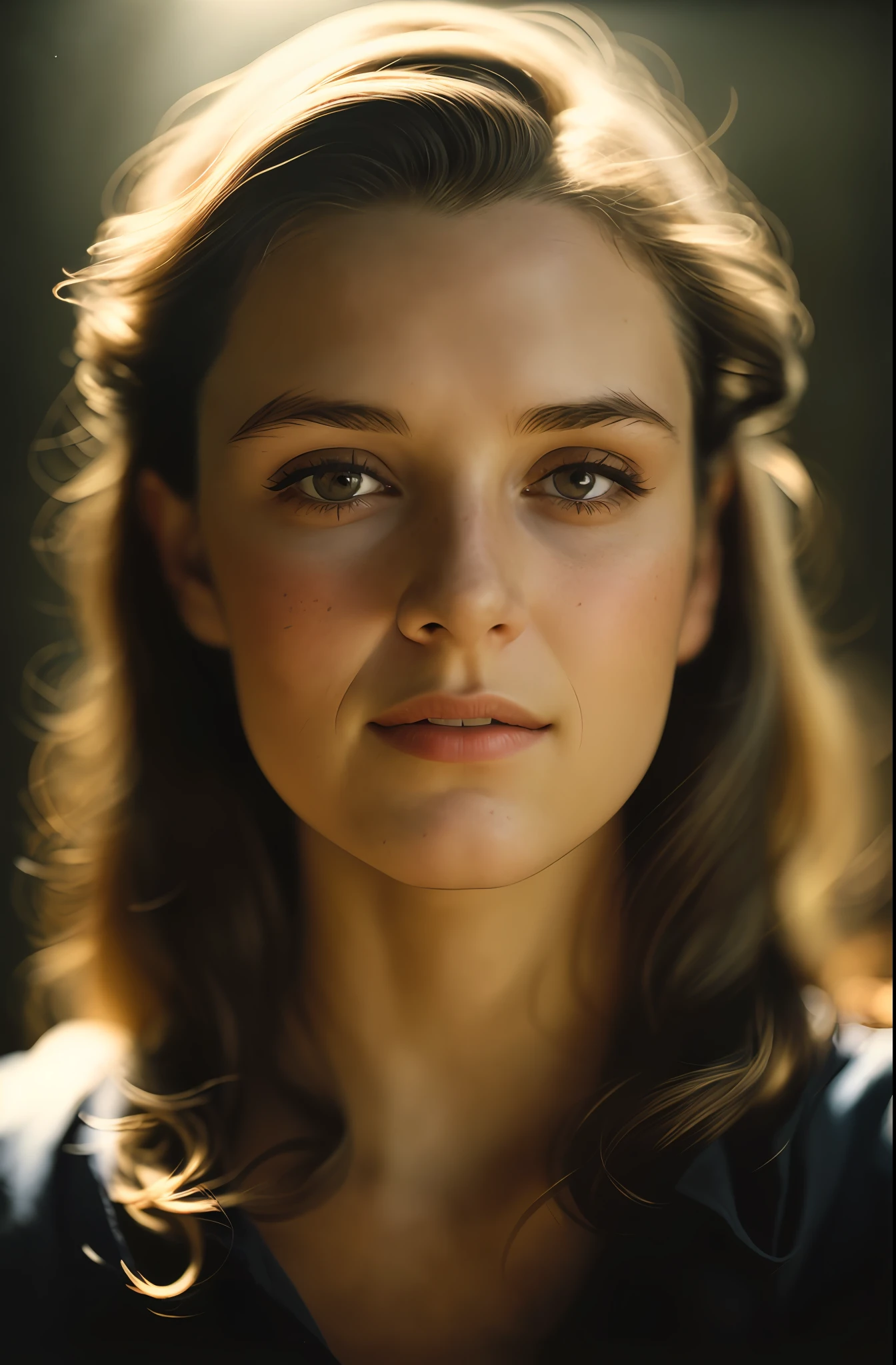 (close-up, editorial photograph of a 20 yo woman from the 1940's), (highly detailed face:1.4) (smile:0.7) (background inside dark, moody, private study:1.3) POV, by lee jeffries, nikon d850, film stock photograph ,4 kodak portra 400 ,camera f1.6 lens ,rich colors ,hyper realistic ,lifelike texture, dramatic lighting , cinestill 800,