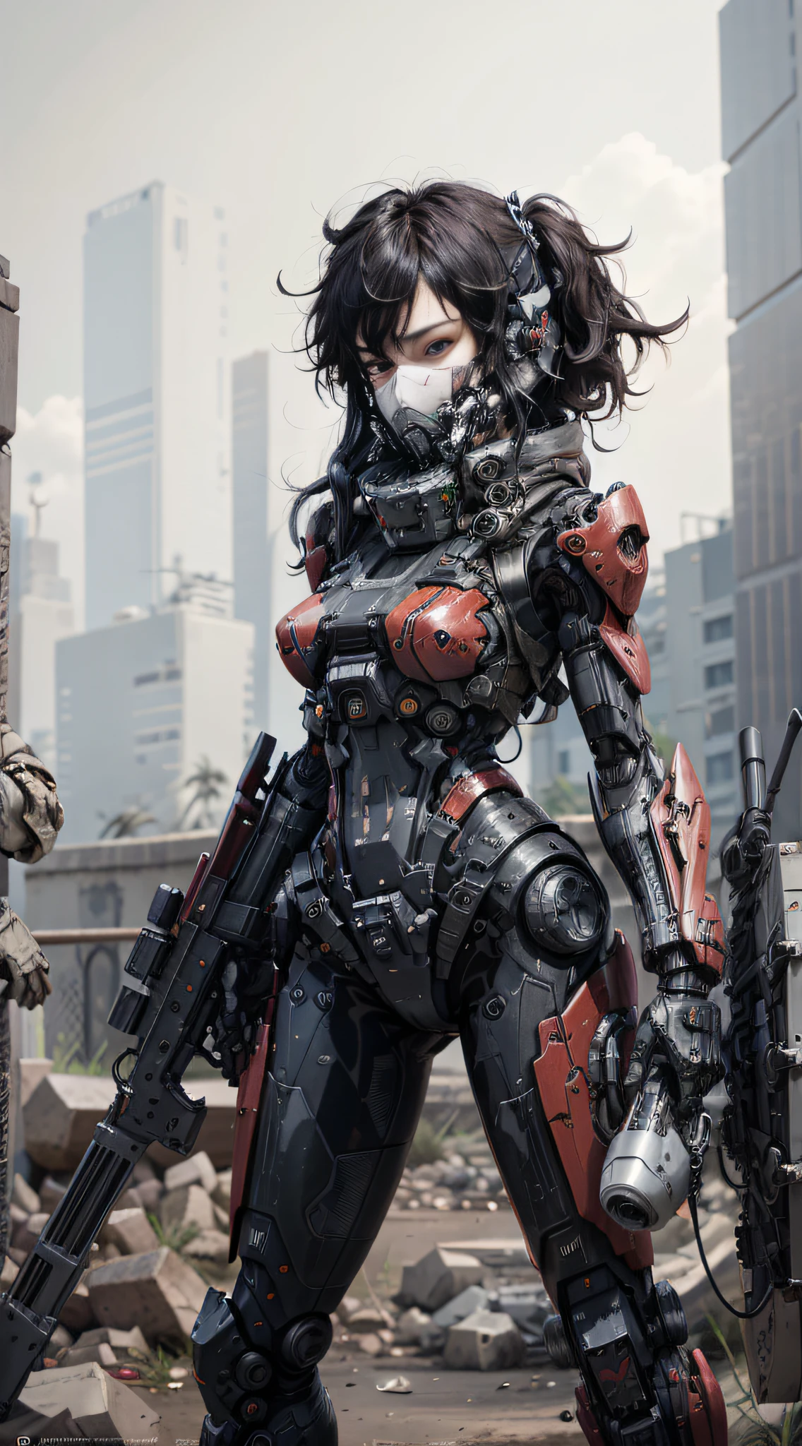 This is a CG Unity 8k wallpaper with ultra-detailed, high-resolution and top quality in cyberpunk style, dominated by black and red. In the picture, a beautiful girl with short white messy hair, a delicate face, wearing a steam mecha mask, standing on the ruins, (battle damage: 1.5), the action of a woman holding a heavy sniper rifle in her hand,