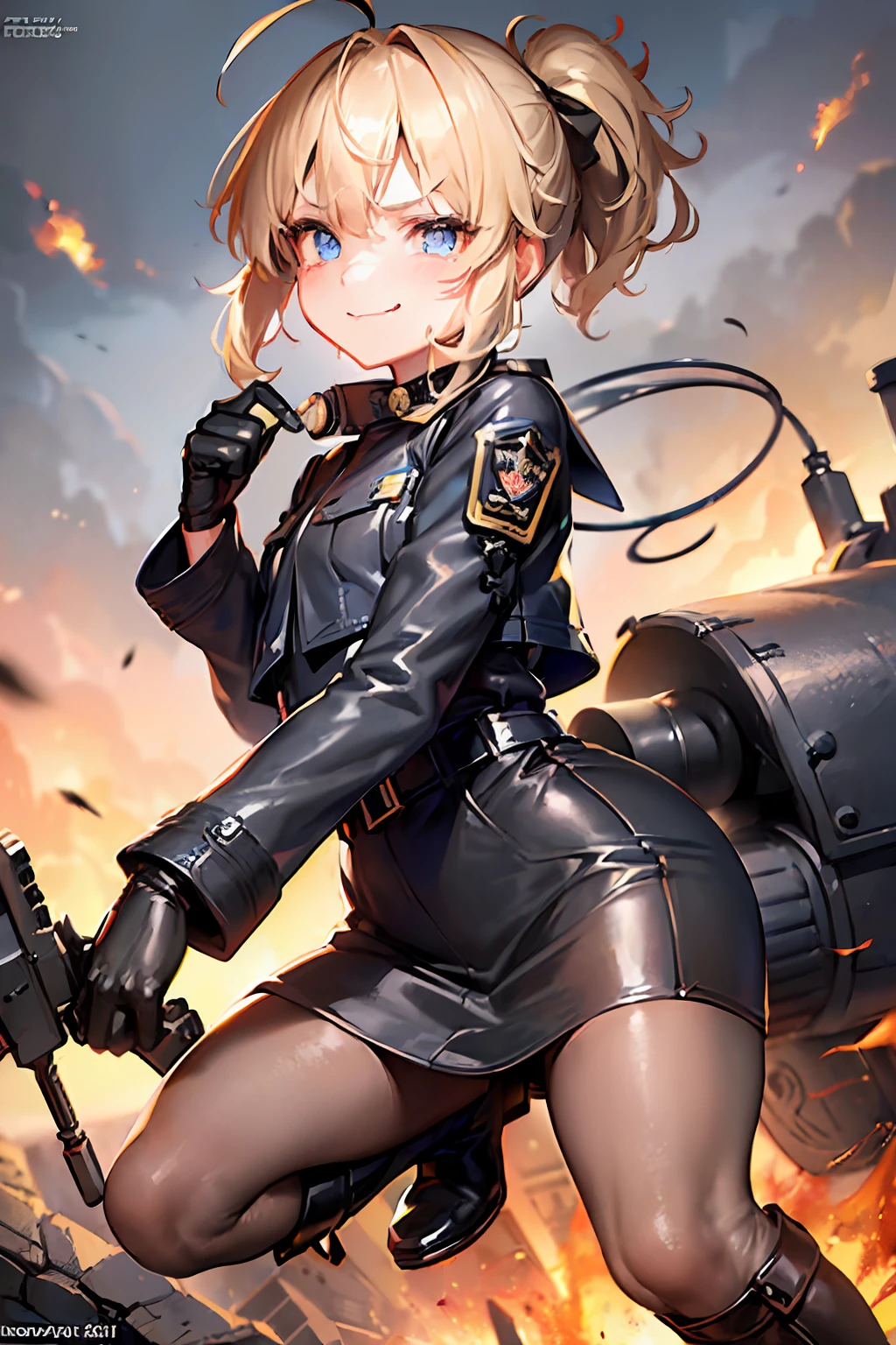 The girl wore a black German military uniform, Girls' Front, animated, extremely beautiful detailed anime face, realistic, whole body, focus on eyes, holding weapon, beautiful detailed full body, petite, girl, baby,5 years old, (((short hair, messy hair, wept bangs, blonde hair, disheveled hair, ahoge, short ponytail))), ((Delicate facerain, baby face)), ((detailed shiny eyes)), fang, ((flat chest)), ((blue eyes, black gloves, gun, military, boots, ruins, black Clothes)), flames of war, floating, extremely detailed 8K wallpaper, very precise detailed, absurdres, (naughty smile), detailed gun, ((military trousers))