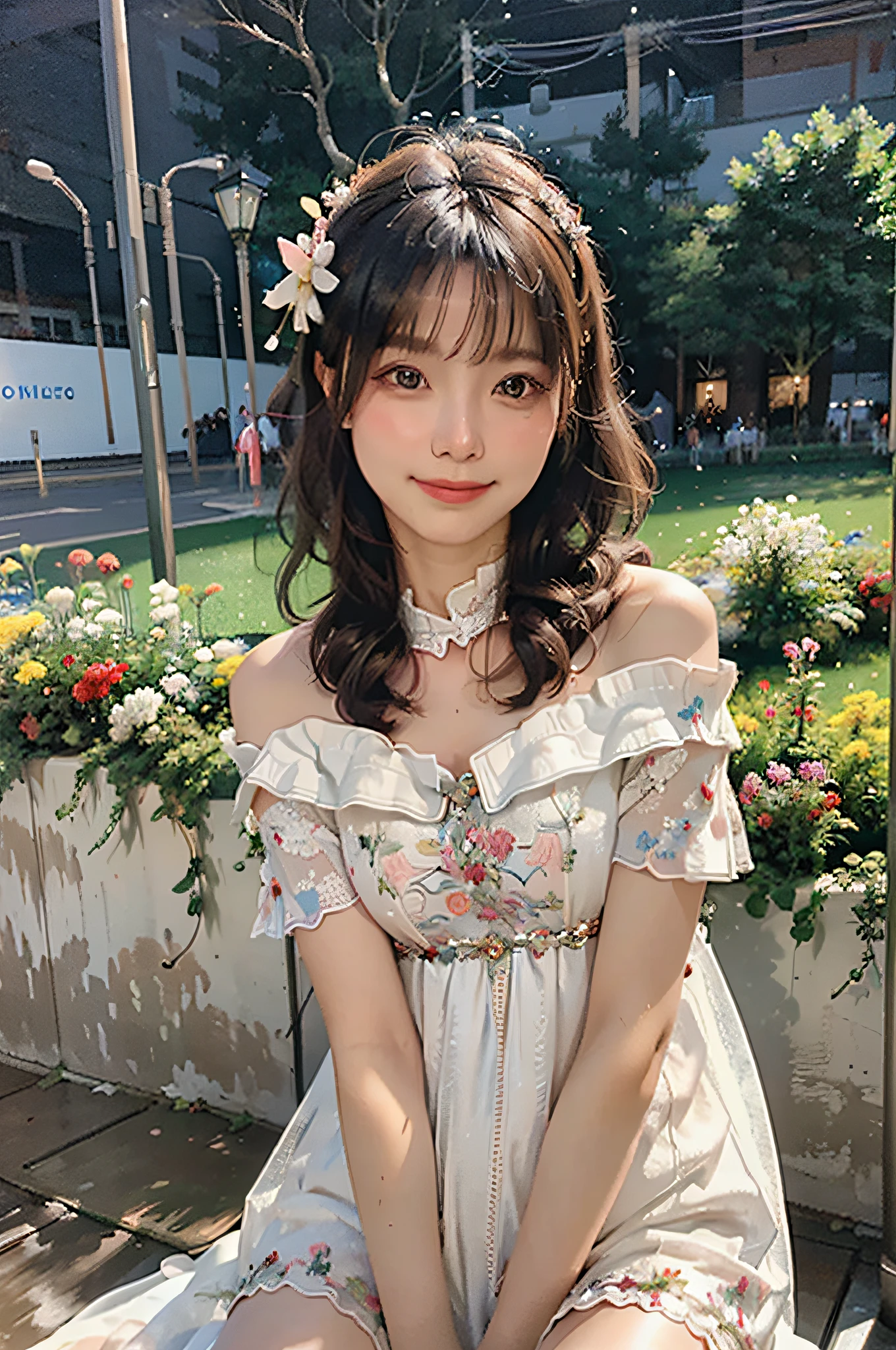 Best quality, masterpiece, ultra high res, (photorealistic:1.4), raw photo, 1girl, white dress, off shoulder, blossom flower field, glowing skin, light smile