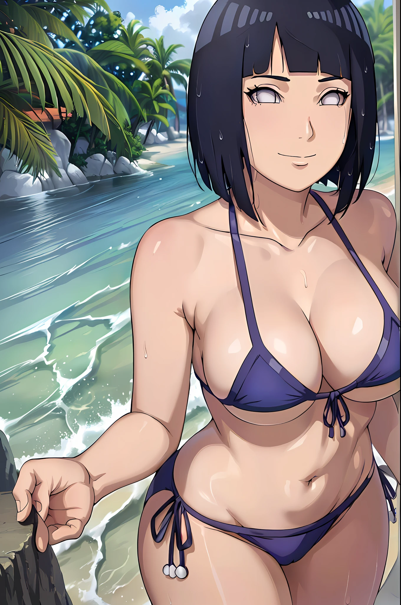 (masterpiece, anime style:1.9, beach, sea, soaked, soaked face, white micro bikini, working out, caring, talking), hinata\(boruto\), mature female, standing, victory, milf, (curvy:0.8), solo, short hair, hime cut, (dark blue hair color:1.1), white, big breasts, flat belly, perfect eyes, anime eyes, smoky eyeliner, eyeshadow, perfect face, shy, sharp focus, professional artwork, intricate details, colorful, vibrant colors, vivid colors, digital blending, ultra detailed body, ultra detail hair, ultra detail face, trending on pixiv, kind smile, happy, very hot colors, sunrays, leaning forward, naughty face, looking up
