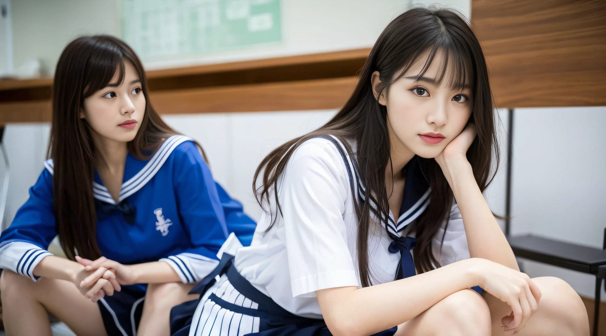 (8k, RAW photos, best image quality, masterpiece, 1.2), super detail, super resolution, (realistic,,,,,,,,,,、 real photos: 1.37), distant camera, high-resolution RAW color photos, realistic humans, feminine gestures, beautiful legs, highlight schoolgirl youth, after school, evening classroom, fashionable classroom, very realistic, super high quality, 8k wallpapers, amazing details, Correct human body structure, human body based on anatomy, very detailed beautiful girl, very detailed face Very detailed eyes, very realistic skin, very detailed fingers, very detailed nose, very detailed mouth, very delicate limbs, anatomical body perfect anatomy, very detailed clothes, teen, famous Japan idol, cute, realistic body, slender,.. White skin, glowing skin, slim figure, straight long hair, (dull bangs: 1.2), realistic face, delicate eyes, double eyelids, sailor suit, , beautiful thin legs, thin thighs, shot from afar, angel smile, the cutest face in the world, human style faithful to human structure, female proofreading playing with four, red ribbon, sexy legs, looking at the camera, shangmei, blue ches cart, delicate and fashionable skirt, beautiful elongated legs, slender and beautiful legs, slender and beautiful legs, slender thighs, slender legs, precise anatomy, perfect anatomy, human limbs, Japan human face, precise classroom, flickering buttocks, buttocks, bare feet, human textures, elaborate skirts, modern uniforms, very embarrassing, swaying skirts