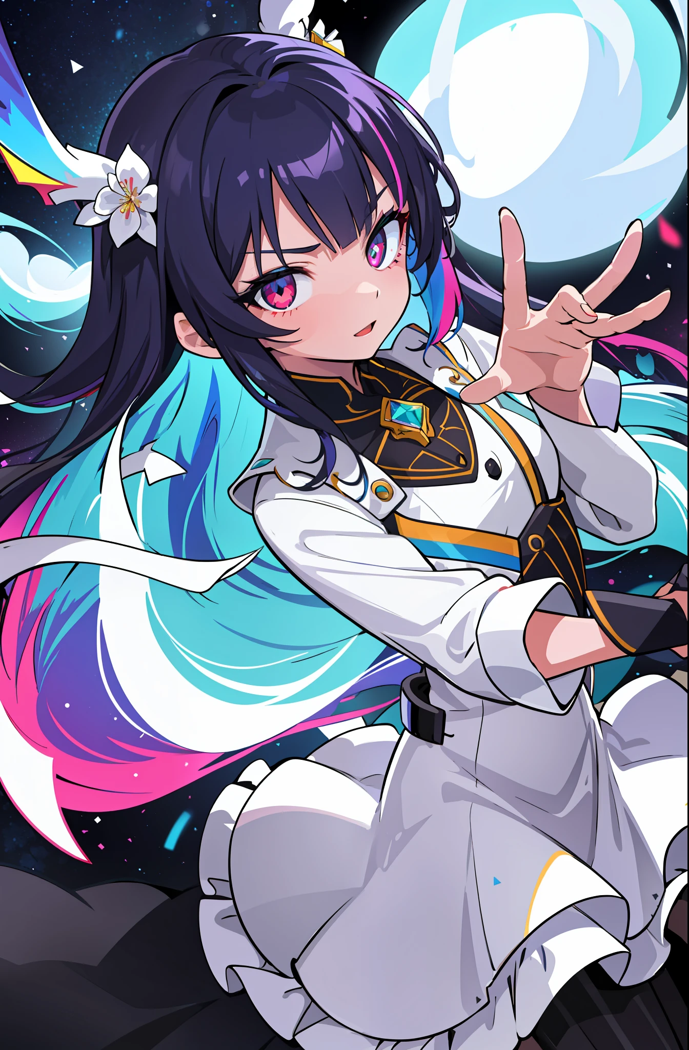 (fine, sharp images, super resolution, extremely amazing detail, awesome detail), subsurface scattering, best ratio of four fingers and thumbs, masterpiece, best quality, high quality, 1girl, solo, dynamic pose, prism eye, prism hair, prism, serious, [silver|white] + (blue: -0.3) hair, blue + red eyes, gradient eyes, multicolored eyes, calm, upper body, evening dress, glowing eyes, glowing eyes, glowing white particles, glitter, blooming, Fantasy, caves,