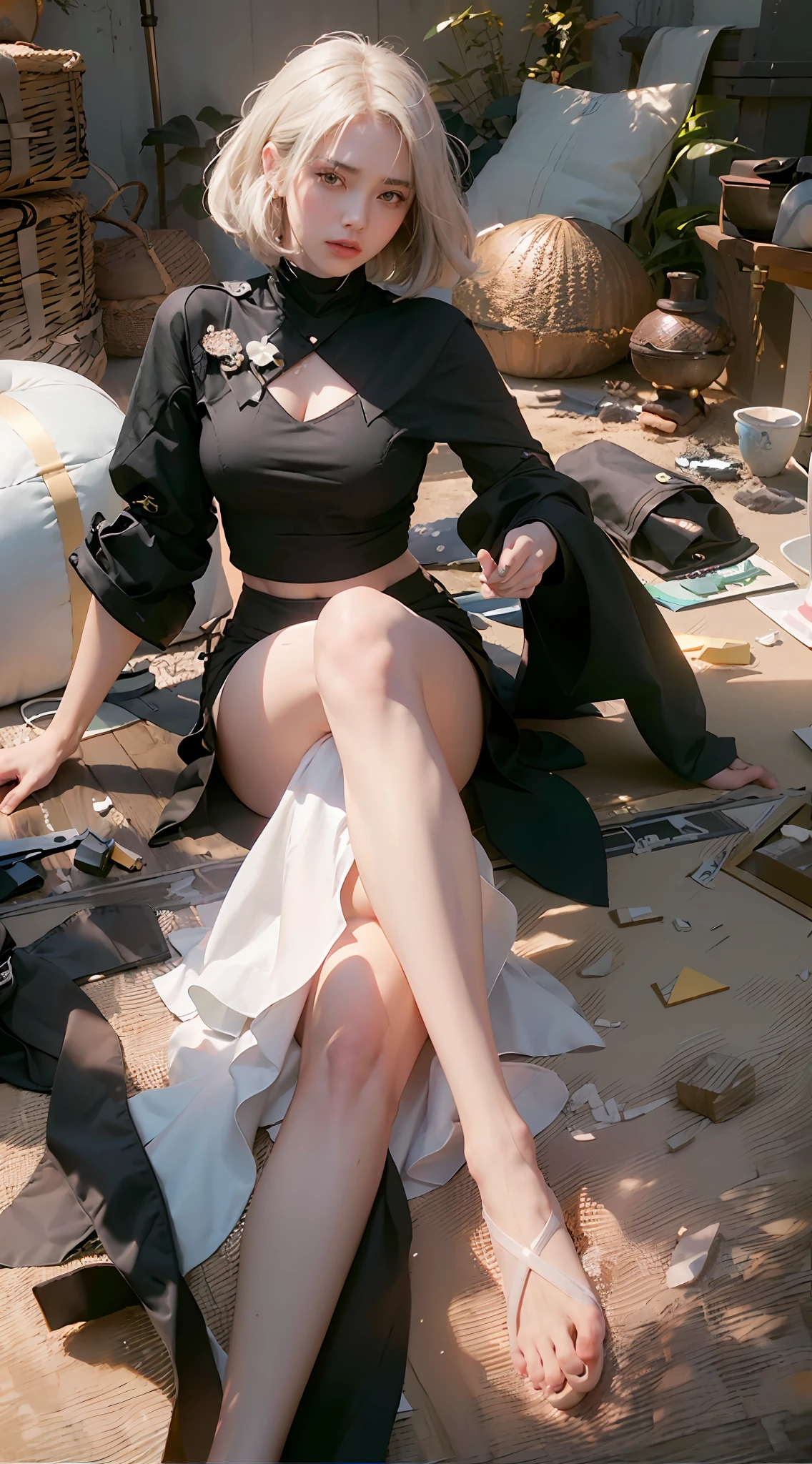 ((Best Quality)), ((Masterpiece)), (Details: 1.4 pieces), 3D, Beautiful Pure Beauty, (Black Crop Outfit: 1.9), (Sandals: 1.6) (Barefoot: 1.5), HDR (High Dynamic Range), Ray Tracing, NVIDIA RTX, Super Resolution, Unreal 5 Pieces, Subsurface Scattering, PBR Texture, Post Processing, Anisotropic Filtering, Depth of Field, Maximum Sharpness and Sharpness, Multi-layer Textures, Albedo and Highlight Maps, Surface Shading, Mitsu - Accurate simulation of material interactions, perfect proportional ratio, octane rendering, two-color light, large aperture, low ISO, white balance, rule of thirds, 8K RAW,