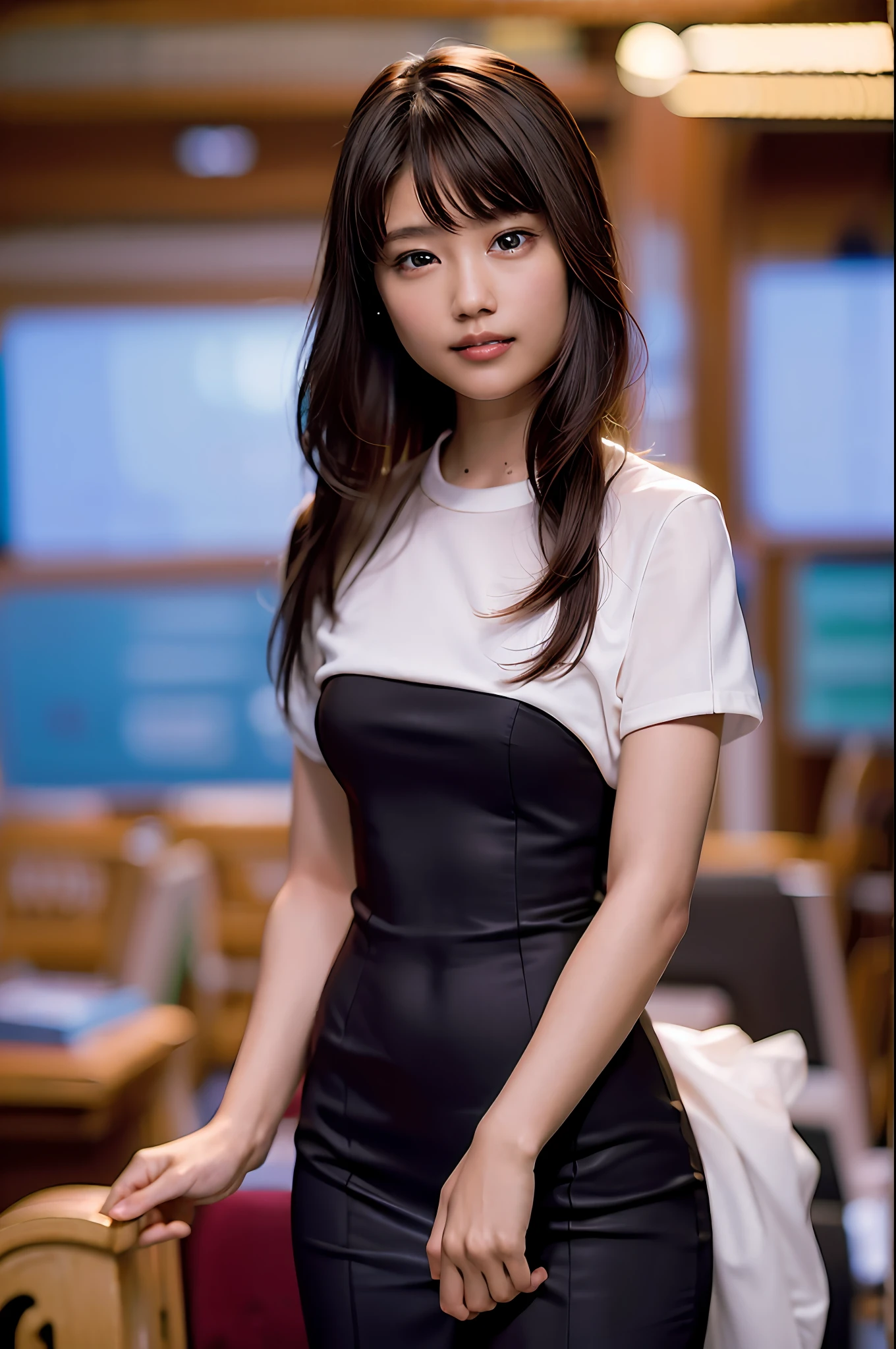 (8k, RAW photos, top quality, masterpiece: 1.2), (realistic, photorealistic: 1.37), ultra detail, ultra high resolution, one girl, beholder, beautiful detailed face, smile, constriction, (slim waist): 1.3), shirt, beautiful detailed skin, skin texture, floating hair, professional lighting, cabin attendant uniform,