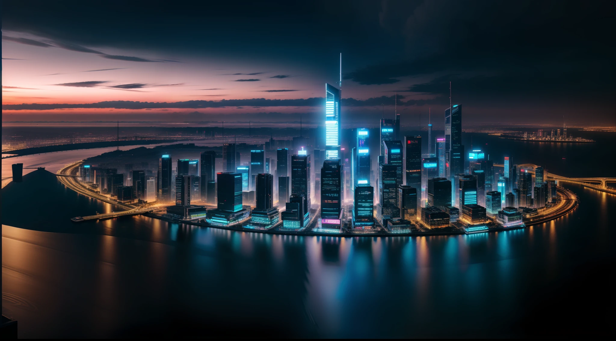 aerial panoramic view of a cyberpunk city, realistic skyline, Cyber Urban Fantasy, vibrant, photorealistic, realistic, dramatic, dark, sharp focus, 8k