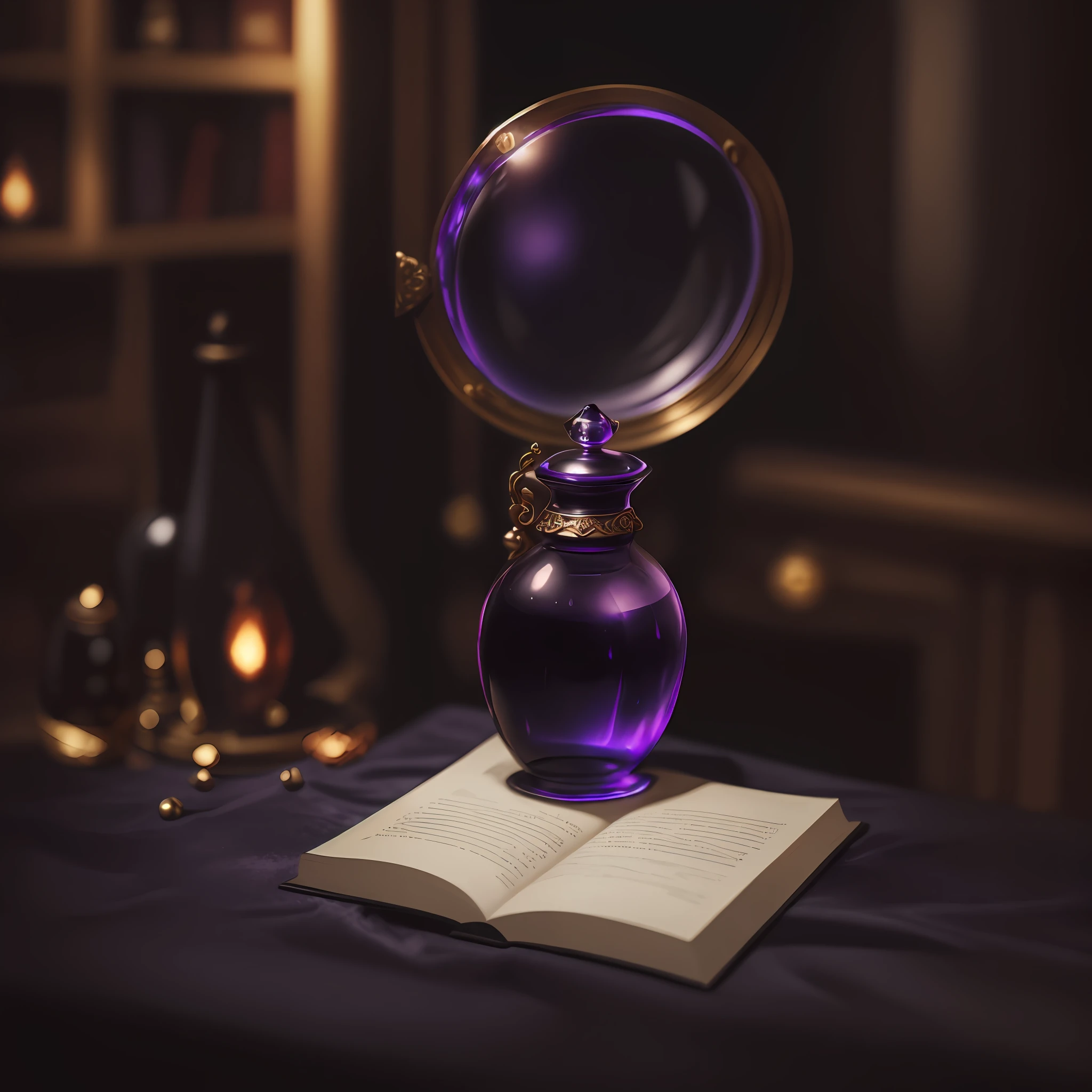 an exquisitely detailed CG rendering of an "item potion" with a magical spell imbued within, set elegantly upon a dark velvet table with a pocket-like indentation. --auto --s2