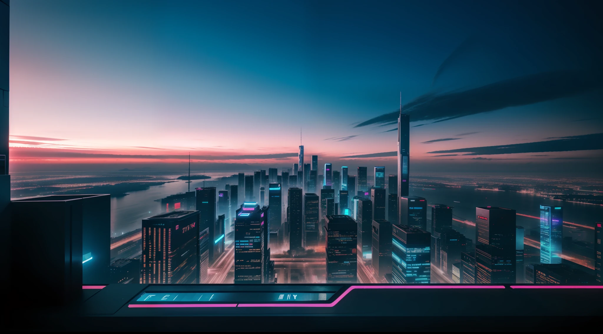 aerial panoramic view of a cyberpunk city, realistic skyline, Cyber Urban Fantasy, vibrant, photorealistic, realistic, dramatic, dark, sharp focus, 8k