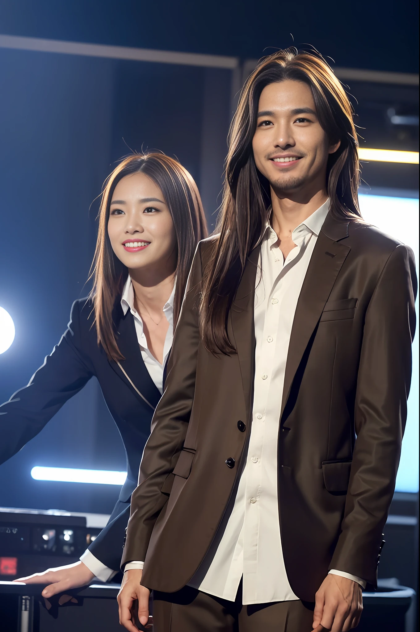 ((Realistic lighting, Best quality, 8K, Masterpiece: 1.3)), Clear focus: 1.2, 1man, Front lens, Perfect figure beauty: 1.4, ((dark brown hair, back flip hair)), (Jacket with suit underneath shirt and trousers: 1.4), (In the live room: 1.8), Super fine face, fine eyes, smile