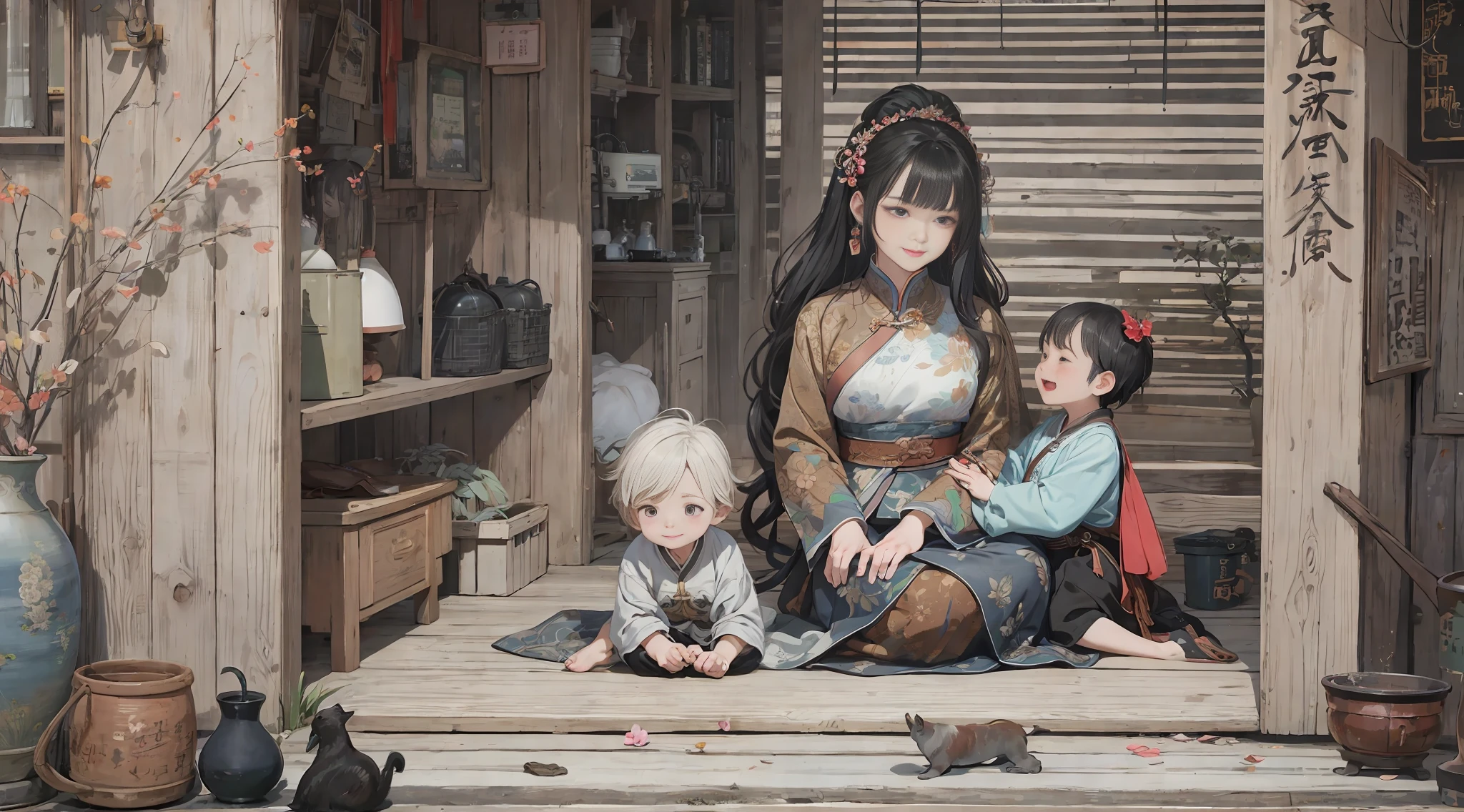 {{masterpiece, best quality, extremely detailed CG, unity 8k wallpaper, cinematic lighting}}, traditional Chinese ink painting, 
traditional Chinese ink painting, 2 girls, 1boy, 2 women and a 1 boy sitting on a bench, aunt mother and son, with , innocent boy, smiling mother and aunt, happy family,