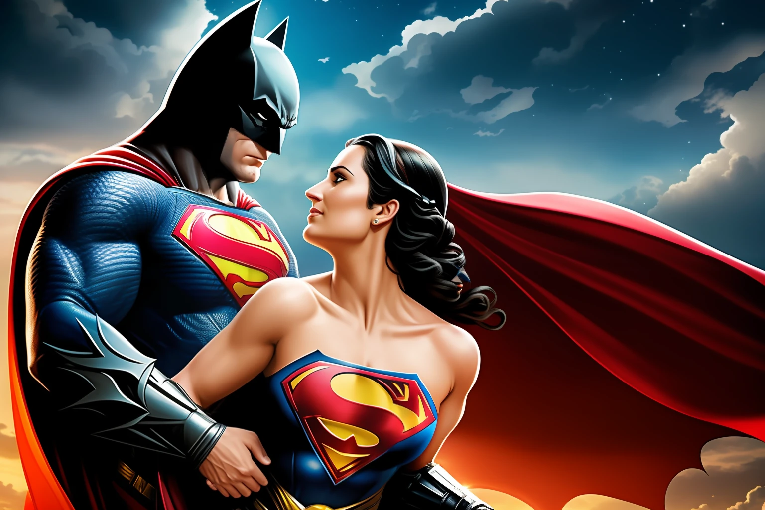 A Mulher-Wonder would be depicted in his iconic costume, but modified to show her pregnant belly. Seu rosto seria cuidadosamente detalhado, conveying serenity and determination. (((Batman e Superman estariam ao seu lado, embracing her shoulders in a gesture of support and protection))). Their facial expressions would show concern and determination to ensure the Woman's safety-Wonder and your baby.
The illustration would be rich in detail, from the heroes' costumes to the smallest lines in their facial expressions. O uso de luz e sombra seria habilmente empregado para destacar os personagens' forms and create a dramatic and powerful atmosphere.
O fundo da cena poderia retratar uma paisagem urbana estilizada, com arranha-skies and clouds around you. Architectural details and textures would be meticulously rendered to add depth to the scene.
As cores seriam escolhidas para refletir o clima da cena, with subtle and realistic tones that enhance the details and expressions of the characters.
Este ultra-cena detalhada, Baseado no estilo de Alex Ross, would convey the strength and unity of the super-Heroes in a unique and special moment, celebrating motherhood and the importance of mutual support and protection.