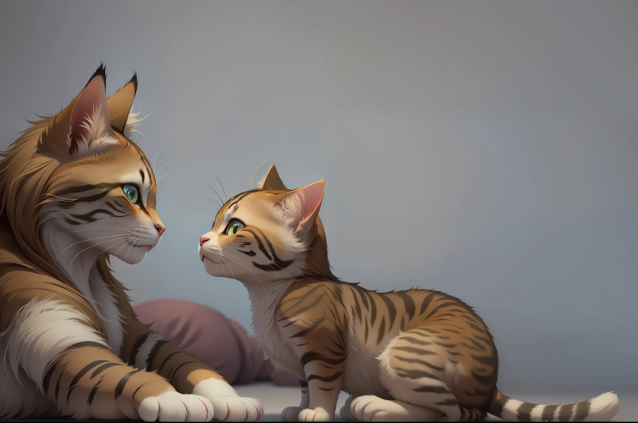 Two cats look at each other, mother cat on the left side, kitten on the right, Disney style cartoon image with delicate hair