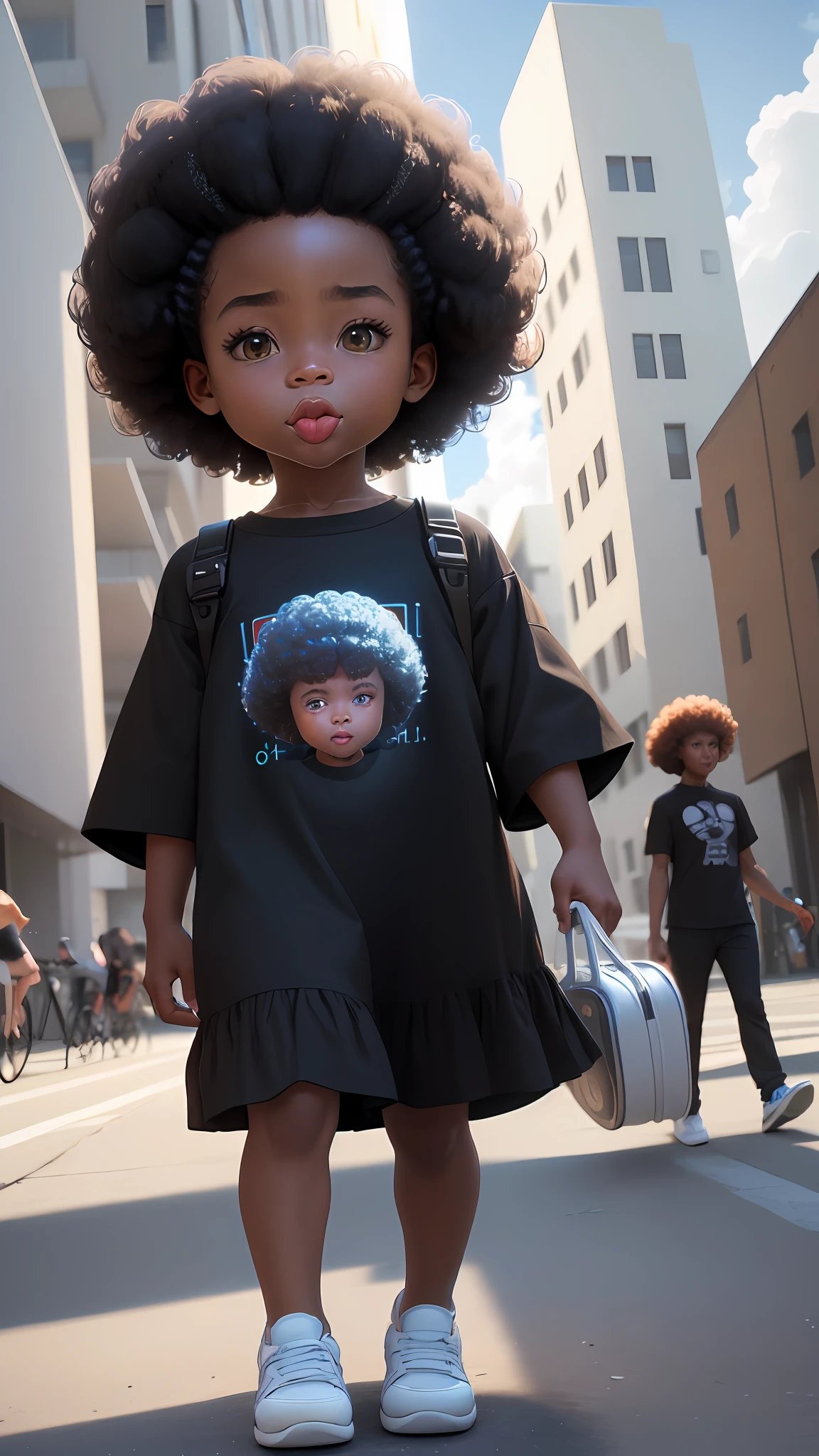 ((3D, best quality: 1.3)), ultra-detailed, SK, ((((solo))), full body, (close-up of a 5-year-old baby ((afro-futuristic)): 1;15), casual wearing, current fashion, black short t-shirt, (((white shoes))), (short kanekalon hair; 1.15), (well-defined symmetrical face, tongue expressionfrom outside: 1.12), autumn, floas in the wind, warm and soft dark luminosity, motion blur, magnificent blue sky,