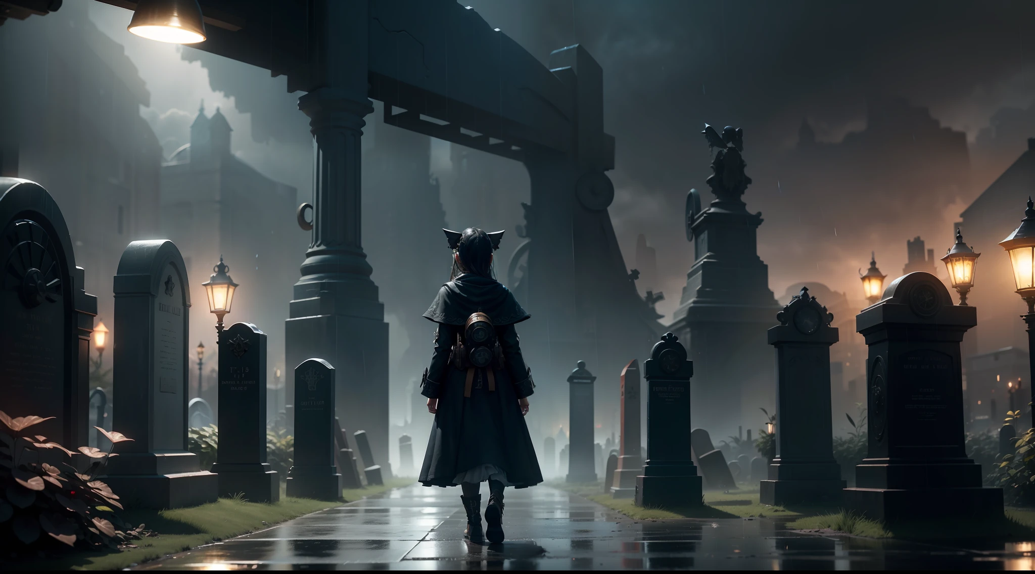 /imagine prompt: illustration of In front of the rainy tombstone, a beautiful -yeld gistood crying ,Sadness::15, A little gih long pig ears::13, rain::15, In front of a tombstone::16, rule of thirds composition::8, up view::15, Bottom view::12, Unreal Engine::15, Studio light::8, beautiful lighting::13, Cinematic light::12, Bold and bright::10, Dramatic::13, hyper quality::12, Steampunk cityscape::14, Steam-powered machinery::12 --seed 32455 --s 400 --q 2 --c 40