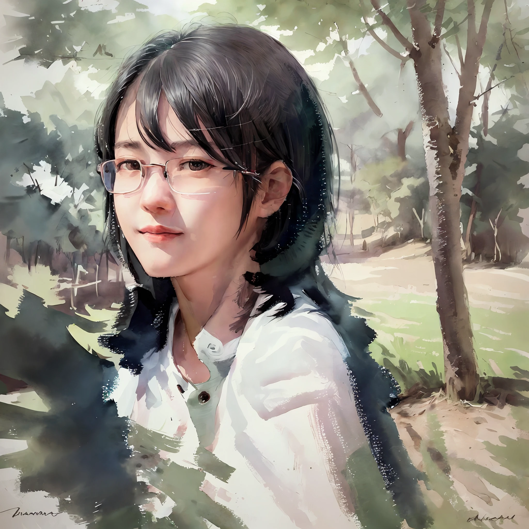Black short hair black eyes boy wearing glasses, hills, trees, super high resolution, detail shadows, best quality, (front lighting), avatar, looking left sideways, masterpiece, best quality, male focus, handsome, smile, portrait, very detailed face, ink white