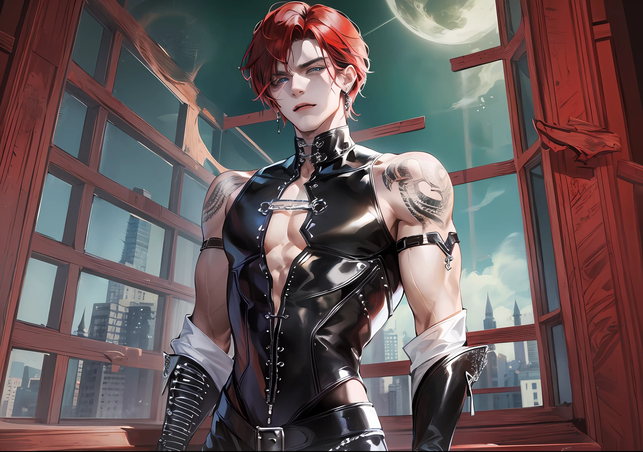 man, vampire, masculine, masculine face, attractive, muscular, ((1man)), masterpiece, absurdres, best quality ,intricate details , (shiny skin, shiny body, shiny oily luster skin, shiny hair, pale skintone), old castle, Sundown, attractive, ((muscular)), adult, one, tattoo in his chest ,black blouse, earrings, black pants, Don't look at the view , Not looking at the view, red short hair, perfect detailed face, perfect detailed hands, vampire fangs, blue eyes, ((MLS)), medium large shoot, perfect hands