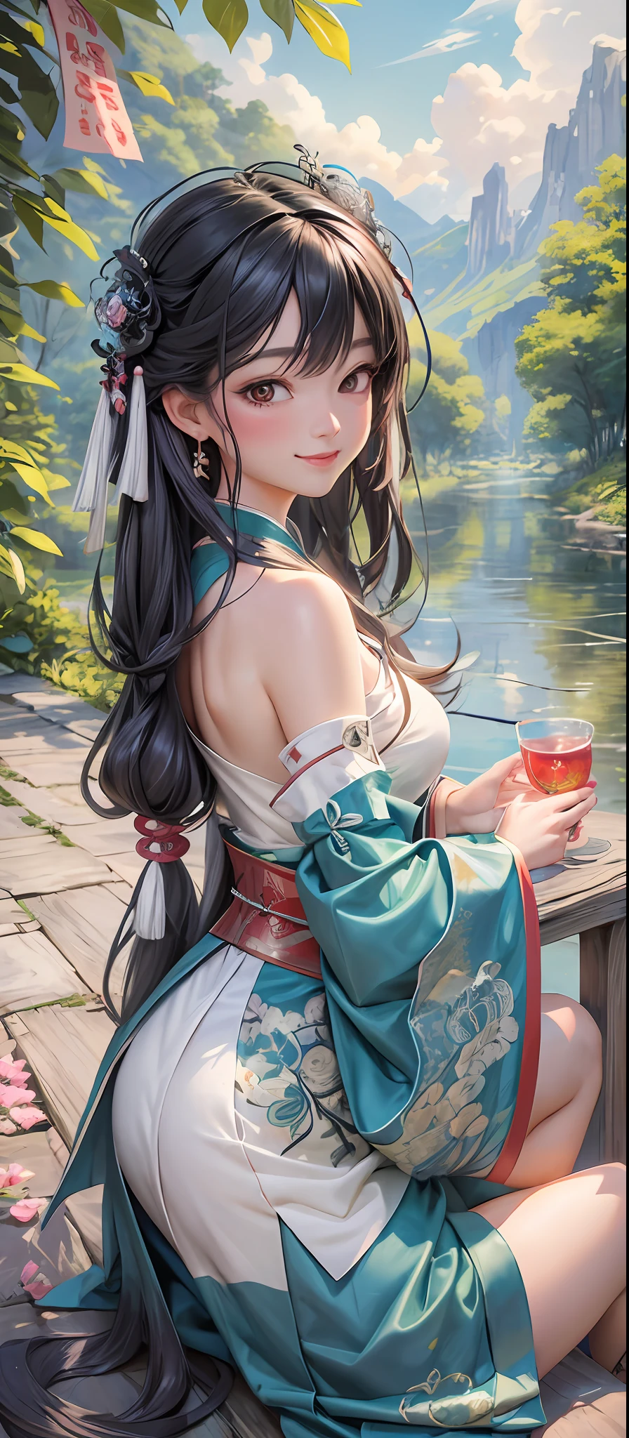 A Masterpiece，Bestquality，Official Art，8kwallpaper，RAWExtremely detailed，illustartion，1girle，black hair，Hanfu，lakes，Pure smile，shan shui