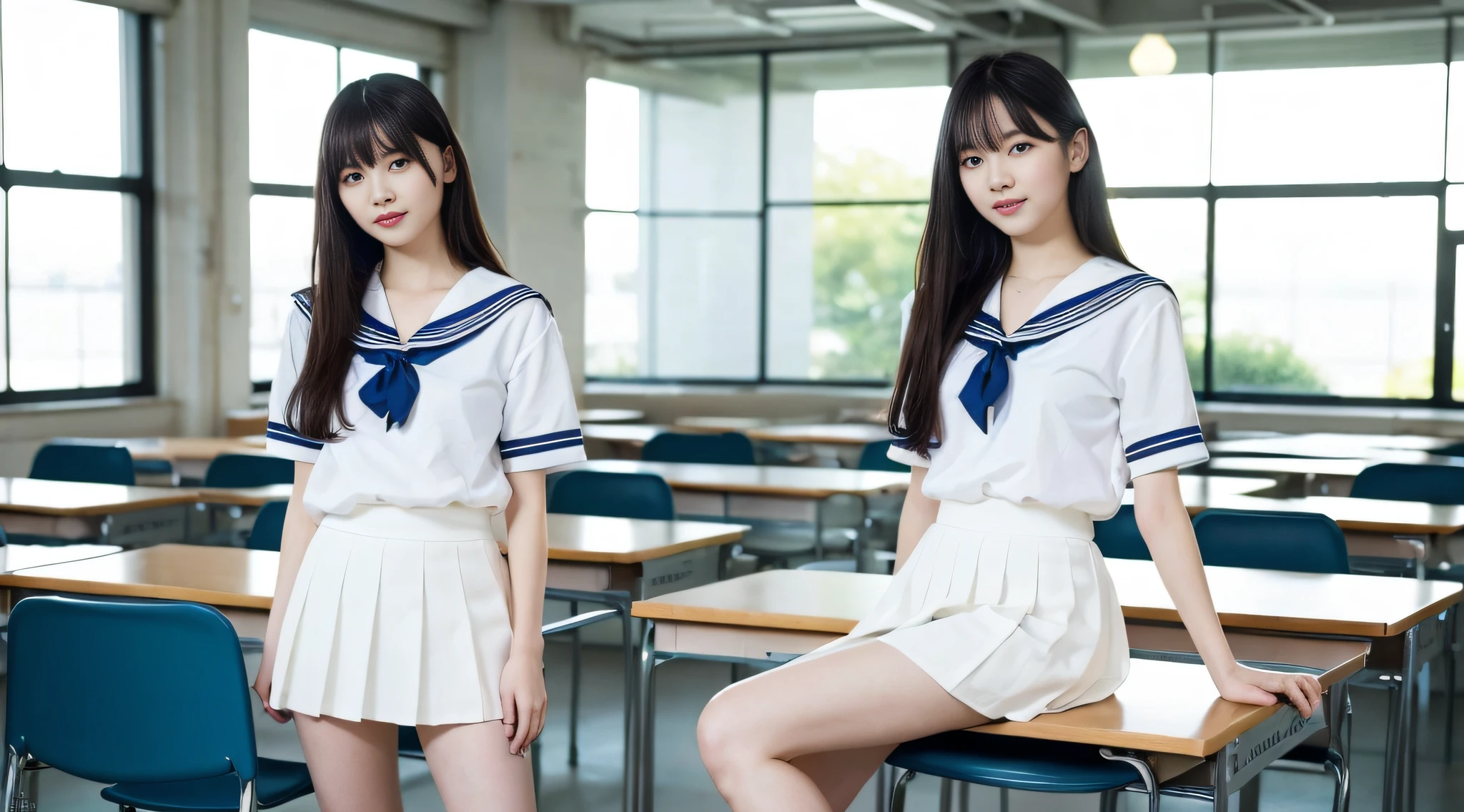 (8k, RAW photos, best image quality, masterpiece, 1.2), super detail, super resolution, (realistic,,,,,,,,,,、 real photos: 1.37), distant camera, high-resolution RAW color photos, realistic humans, feminine gestures, beautiful legs, highlight schoolgirl youth, after school, evening classroom, fashionable classroom, very realistic, super high quality, 8k wallpapers, amazing details, Correct human body structure, human body based on anatomy, very detailed beautiful girl, very detailed face Very detailed eyes, very realistic skin, very detailed fingers, very detailed nose, very detailed mouth, very delicate limbs, anatomical body perfect anatomy, very detailed clothes, teen, famous Japan idol, cute, realistic body, slender,.. White skin, glowing skin, slim figure, straight long hair, (dull bangs: 1.2), realistic face, delicate eyes, double eyelids, sailor suit, , beautiful thin legs, thin thighs, shot from afar, angel smile, the cutest face in the world, human style faithful to human structure, female proofreading playing with four, red ribbon, sexy legs, looking at the camera, shangmei, blue ches cart, Delicate and fashionable skirt, beautiful elongated legs, slender and beautiful legs, leg crossed, slender thighs, thin legs, thin legs, boyfriend's point of view, accurate anatomy, embarrassing appearance, perfect anatomy, precise limbs, faithful to human body structure, Japan human face, precise classroom, flickering buttocks, buttocks, bare feet, humanistic texture, elaborate skirt,