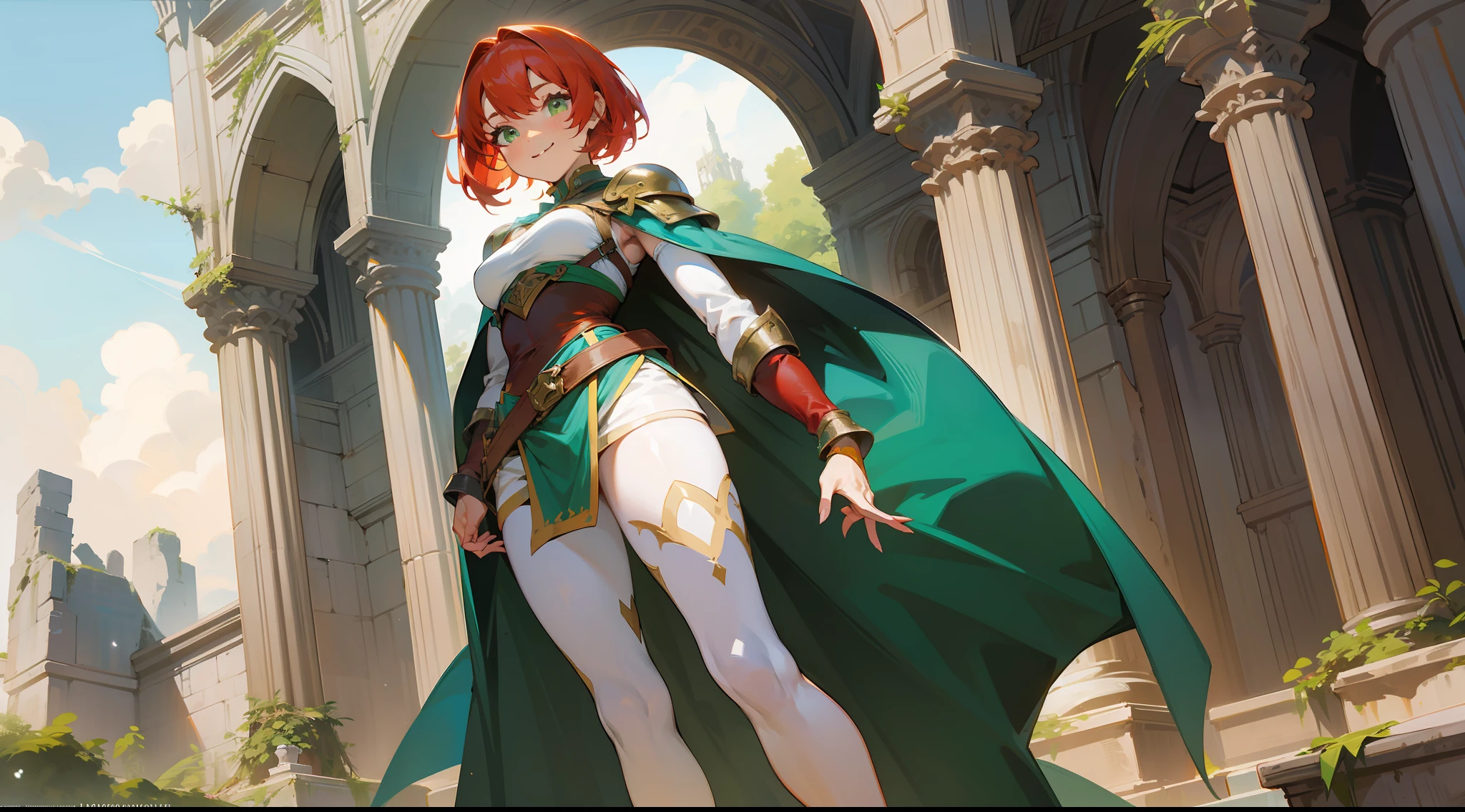 a girl, warrior, redhead, short hair, bright green eyes, beautiful breasts, hair between eyes, bangs, full body, confident, heroic posture, smiling, white leather armor, cape, fantasy, medieval ruin