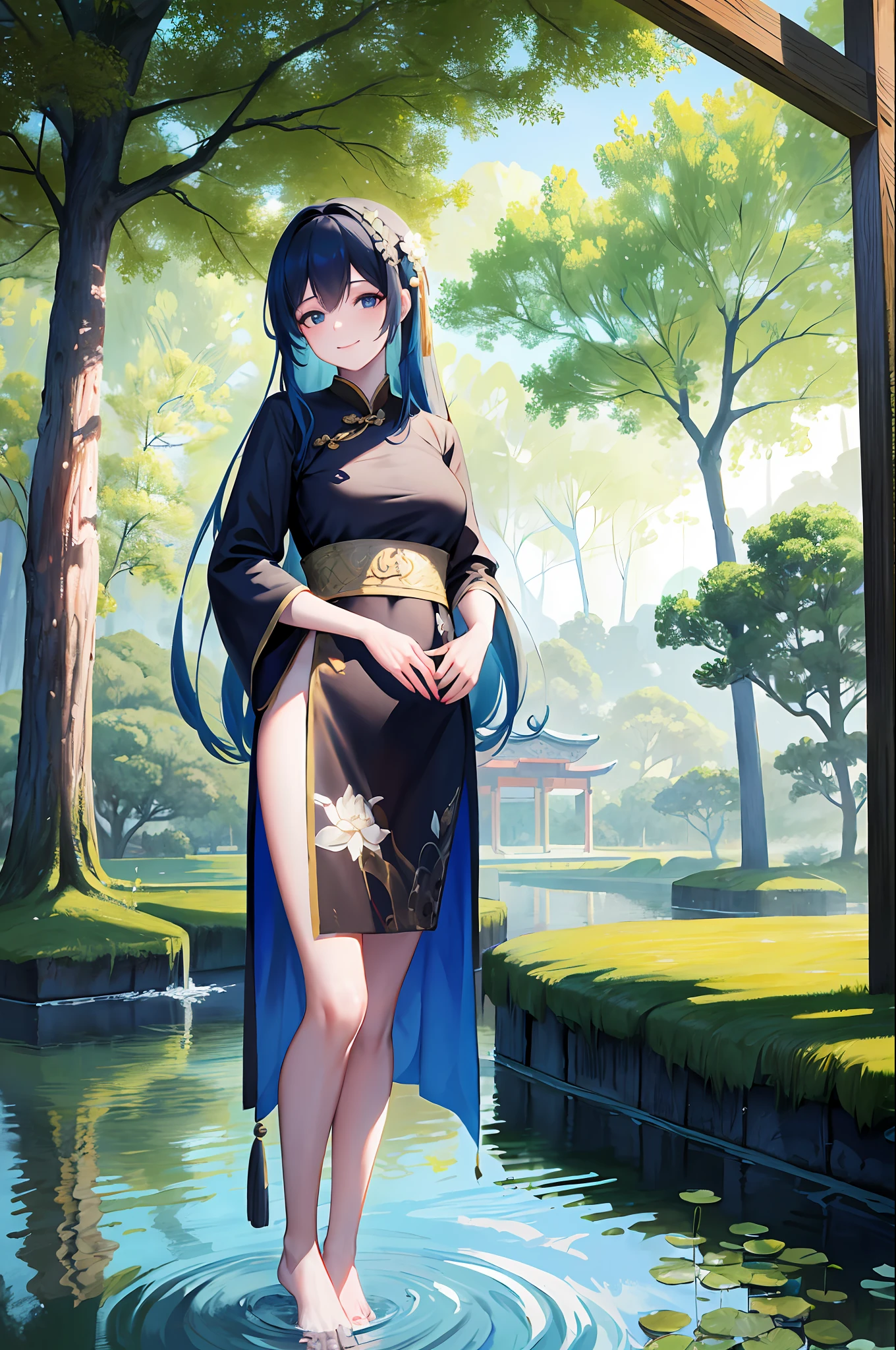 ((4k,masterpiece,best quality)), shuimobysim, traditional chinese ink painting, lotus, hanfu, maxiskit, dress conservatively 1girl, solo, long blue hair, smile, standing, feet in the water, barefoot,