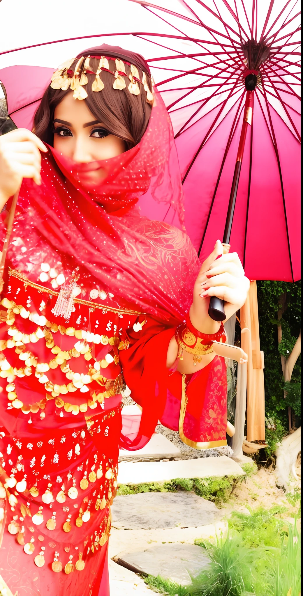 there is a woman in a red dress holding an umbrella, she is dressed as a belly dancer, taken on an iphone, an umbrella top, red and gold sumptuous garb, red adornements, red umbrella, holding red umbrella, belly dancing, standing with a parasol, shot on iphone, parasol, red adornments