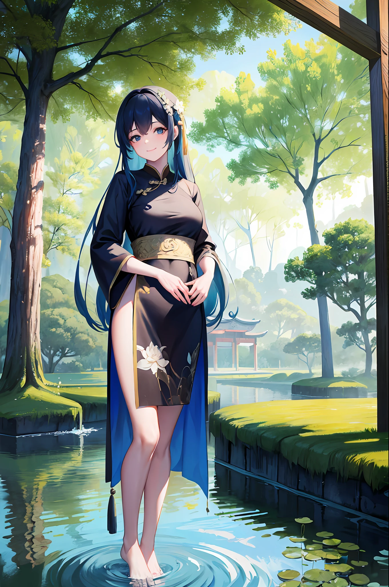 ((4k,masterpiece,best quality)), shuimobysim, traditional chinese ink painting, lotus, hanfu, maxiskit, dress conservatively 1girl, solo, long blue hair, smile, standing, feet in the water, barefoot,