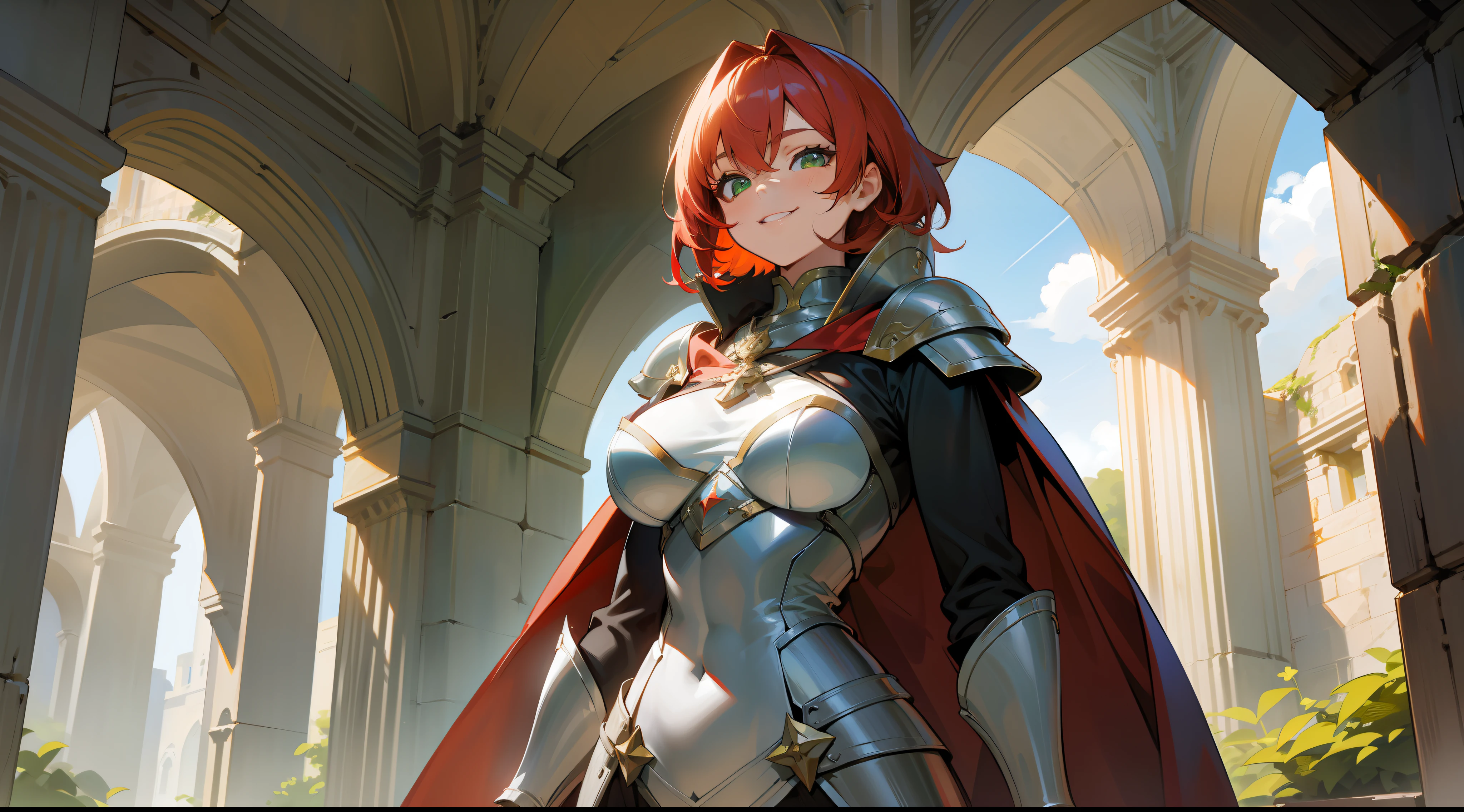 a girl, warrior, redhead, short hair, bright green eyes, beautiful breasts, hair between eyes, bangs, full body, confident, heroic posture, smiling, white leather armor, cape, fantasy, medieval ruin