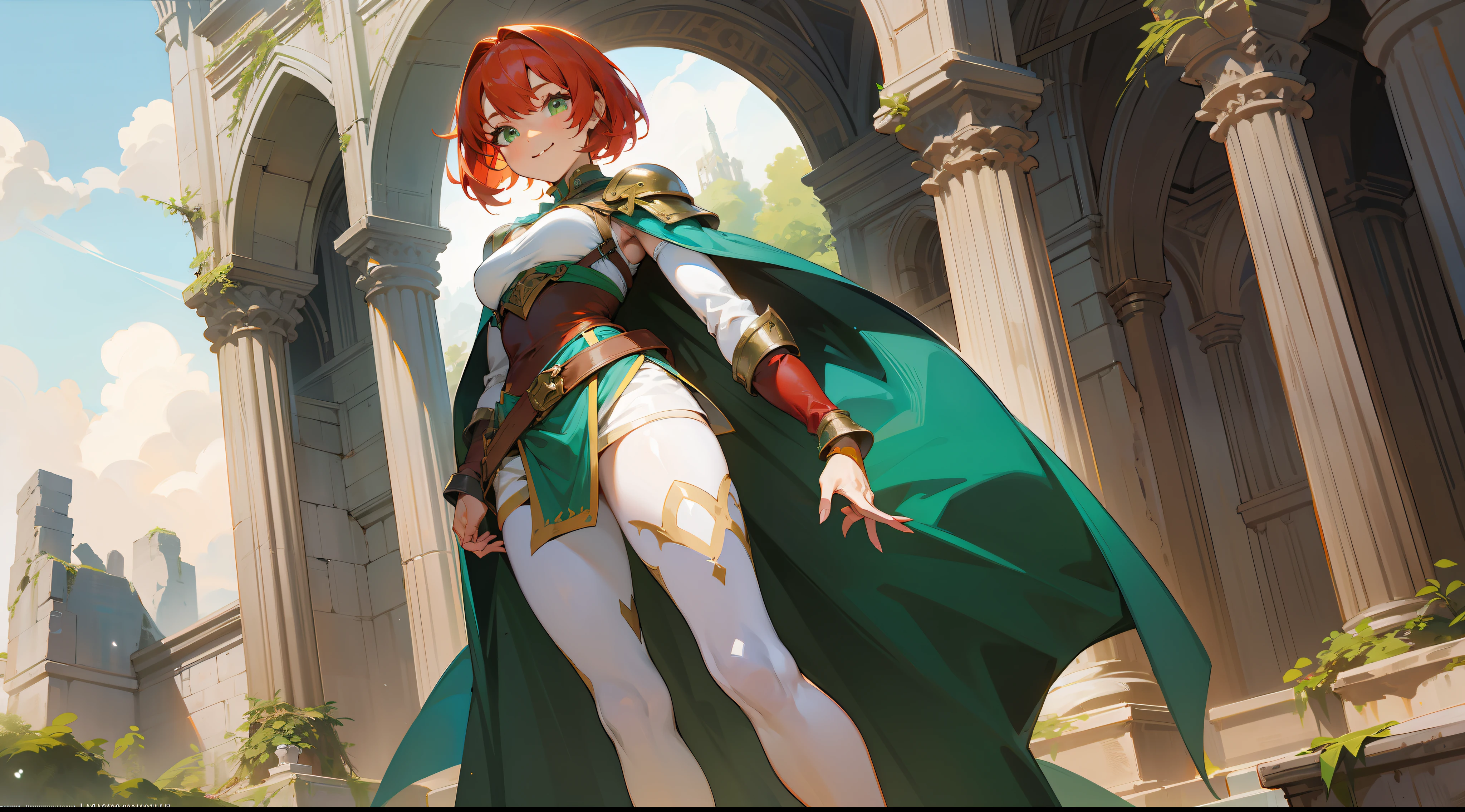 a girl, warrior, redhead, short hair, bright green eyes, beautiful breasts, hair between eyes, bangs, full body, confident, heroic posture, smiling, white leather armor, cape, fantasy, medieval ruin