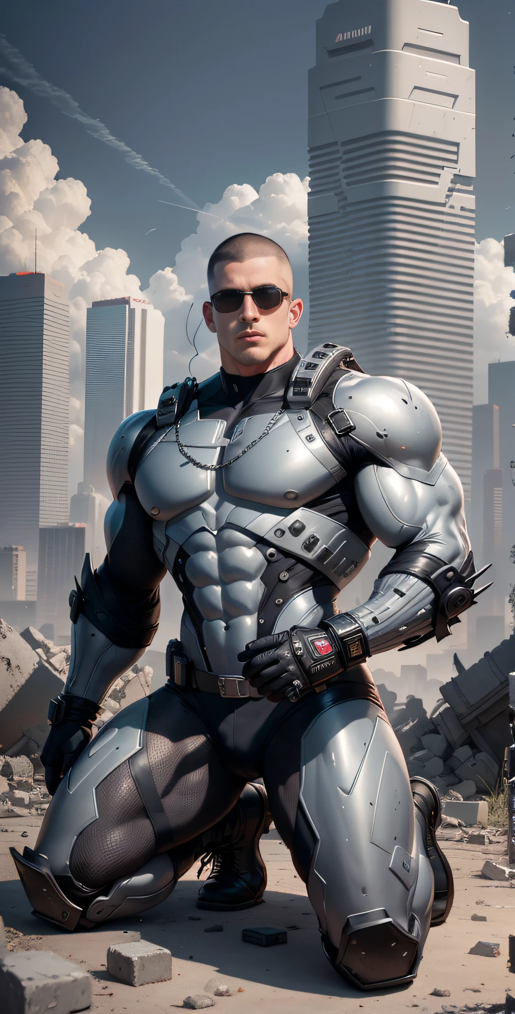 Allard man in gray, black and white clothes kneeling in the desolate ruins, muscle male hero, Buzz Cut, heroic male pose, tall and burly, muscular! Wearing black sunglasses, cyberpunk, stealth suit, symmetrical floral texture design, super buff and cool, high resolution committee, character design police, black military boots, charismatic strong male with armor