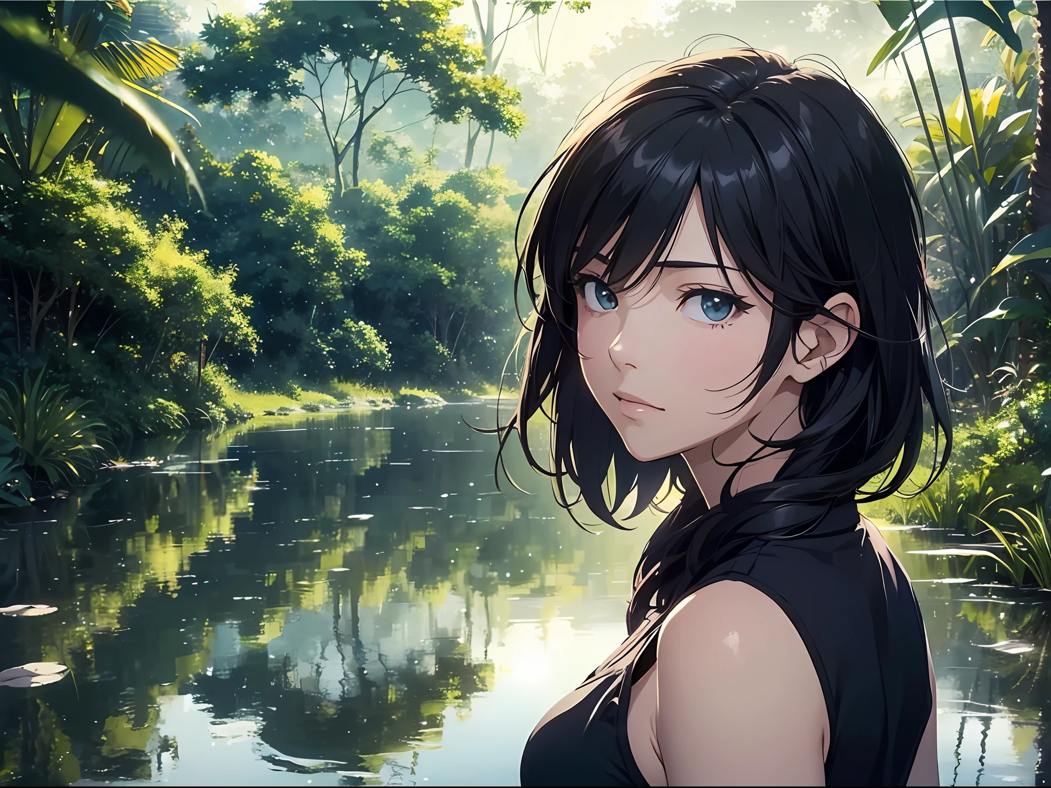 reflection composition, appeal, zoom out,full body image, backwards, looking back, amazon,detailed background, beauty, black hair, bob hair, appeal, perfect face, reflection composition,realistic, western-style, masterpiece, walking in the rainforest, sexy, beauty, charm, masterpiece, best quality, night, fantastic light, movie, swimwear, woman, art wallpaper 8k, Makoto Shinkai, beautiful face