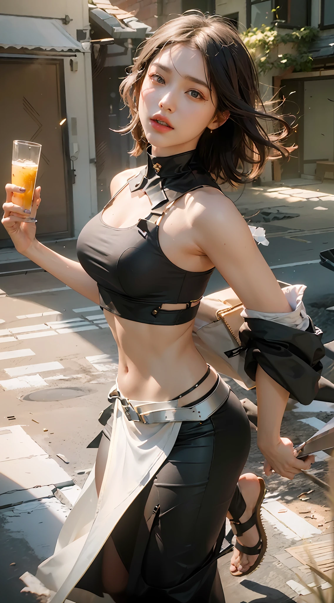 (Best Quality), ((Masterpiece)), (Details: 1.4 pieces), 3D, Beautiful Pure Beauty, (Black Crop Top: 1.9), (Sandals: 1.6), HDR (High Dynamic Range), Ray Tracing, NVIDIA RTX, Super Resolution, Unreal 5 Pieces, Subsurface Scattering, PBR Textures, Post Processing, Anisotropic Filtering, Depth of Field, Maximum Clarity and Sharpness, Multi-layer Textures, Albedo and Highlight Maps, Surface Coloring, Accurate Simulation of Mitsu-Material Interactions, Perfect Ratio Ratio, Octane Rendering, Two-color Light, Large Aperture, Low ISO, White Balance, Rule of Thirds, 8K RAW,