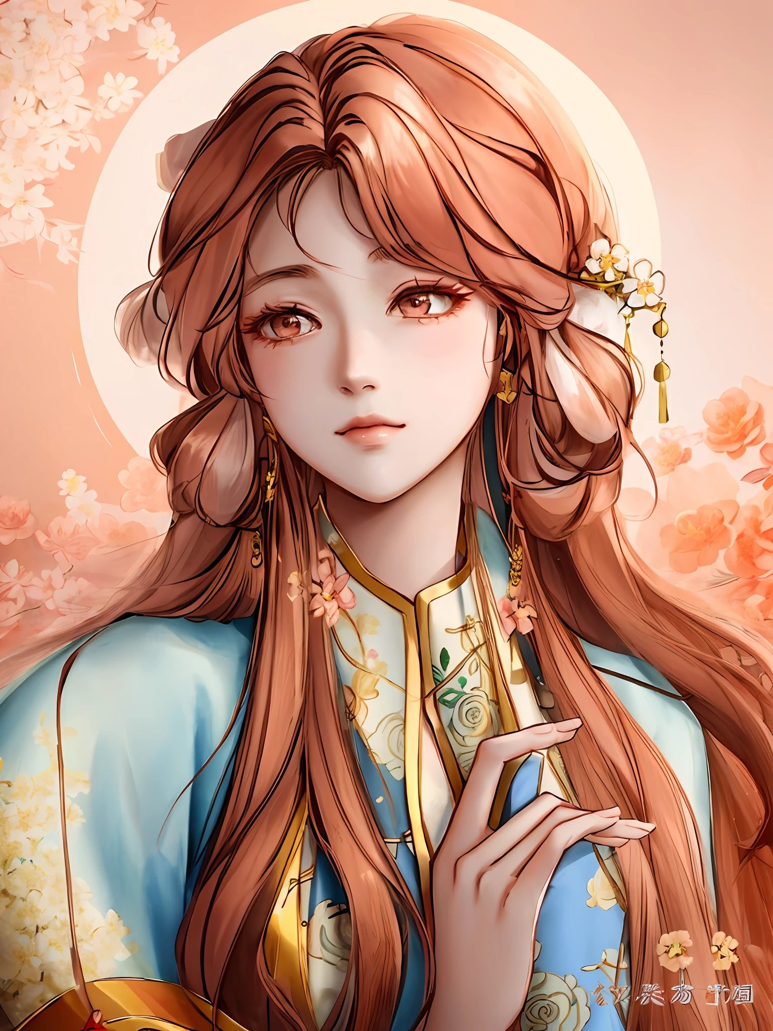 A woman with long hair wearing a flower hairpin, character portrait, onmyoji style painting, Hanfu girl, beautiful character painting, Chinese long-haired beauty, anime, image character contour lines are natural and real, the effect is realistic, radiant skin, long hair, beautiful and delicate eyes, detail face, golden red clothes, lighting, ray tracing, outdoors, spring, peach blossoms, Chinese architecture, sheath, architecture, masterpiece,