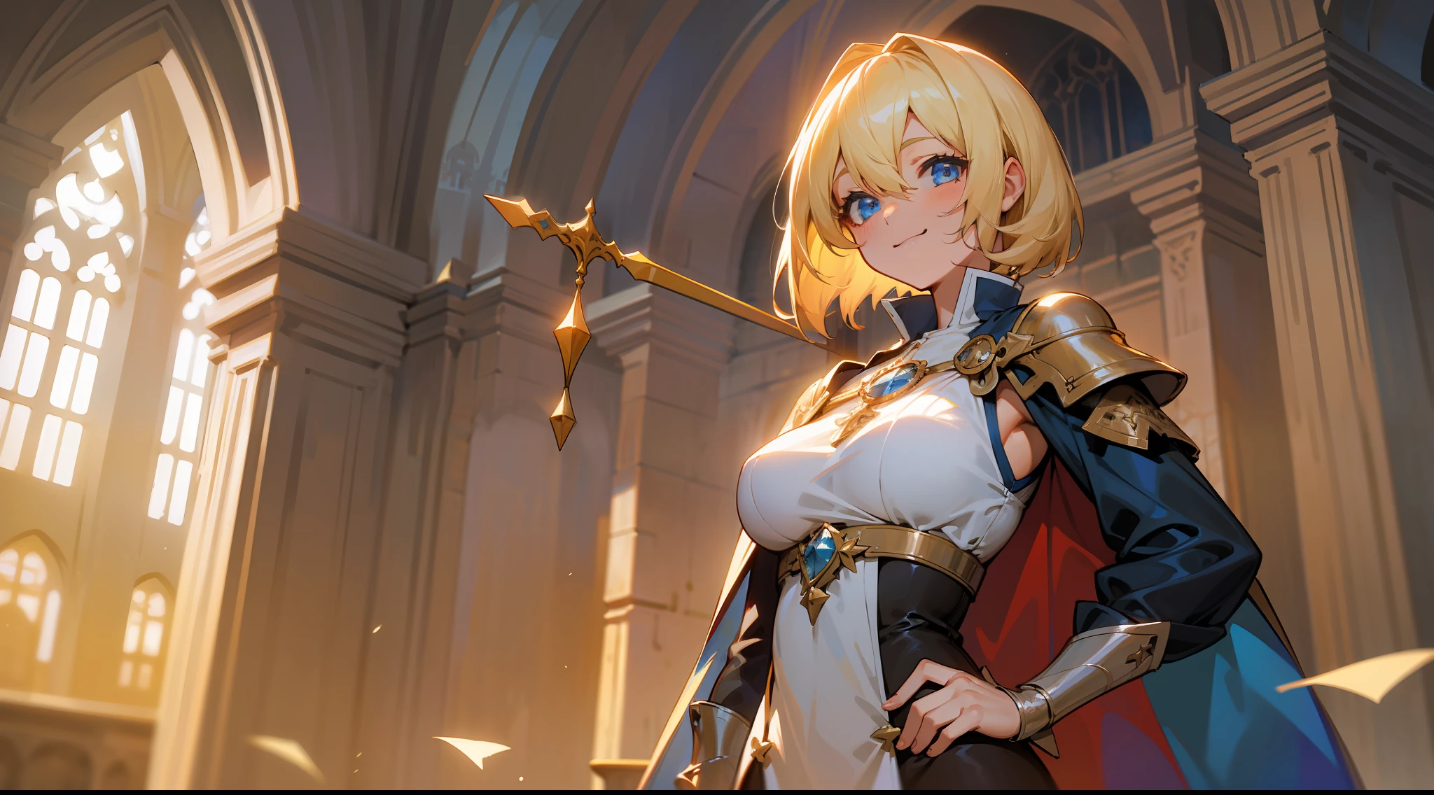 a girl, cleric, blonde, short hair, bright blue eyes, beautiful breasts, hair between eyes, bangs, full body, confident, heroic posture, smiling, cape, fantasy, medieval, at dusk