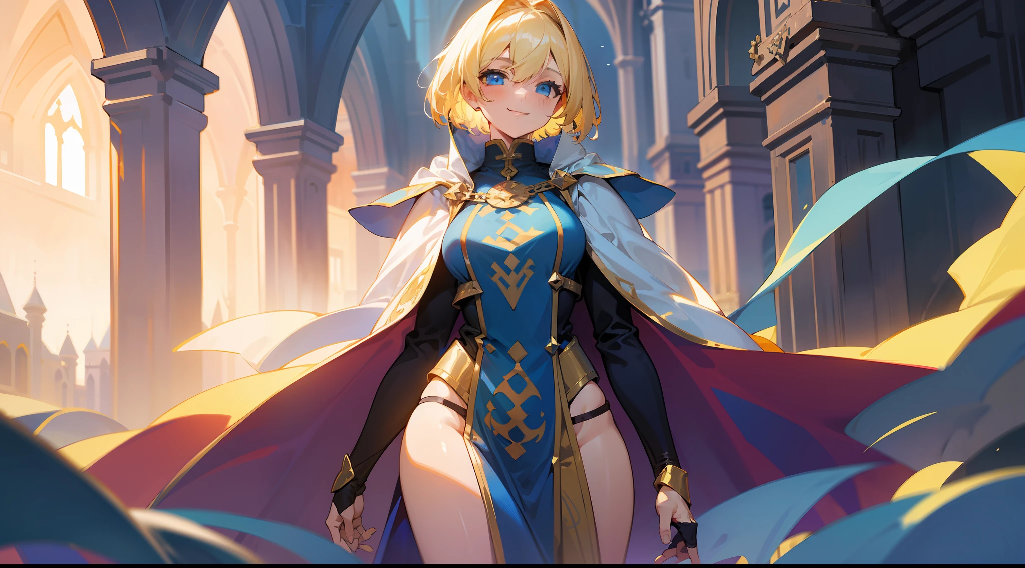 a girl, cleric, blonde, short hair, bright blue eyes, beautiful breasts, hair between eyes, bangs, full body, confident, heroic posture, smiling, cape, fantasy, medieval, at dusk