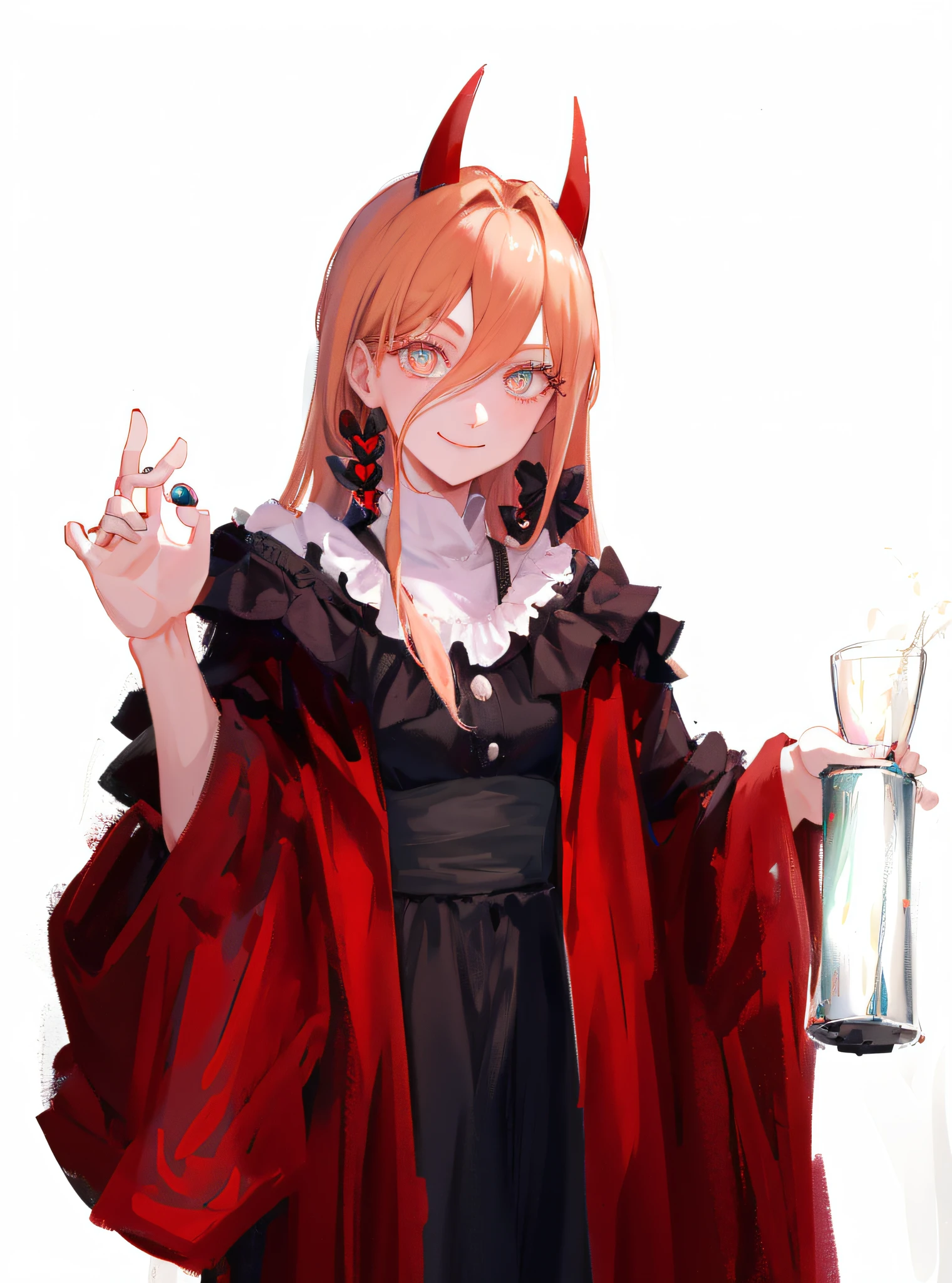 (Winning painting: 1.3) Power\ (Chainsaw Man), Best Quality, Super Detailed, 1 Girl, Solo, Standing, Redhead, 1 Long Braided Hair, Blonde Hair, Bangs, Medium Tits, Black Bachelor Dress, Gaze, Smile, (Evil: 1.2), Looking at the Audience, (Interview: 1.3), (Dark Black Background), (Ring Eyes), Best Quality, Ultra High Resolution, 1 Woman, (Masterpiece, Side Light, Beautiful Eyes: 1.2), Shiny Skin, Glowing Eyes, Shiny Hair, 2 Arms, Painting, portraitpink_theme, pills, heart-shaped pupils, detailed wallpaper, looking at the audience, 1 girl, solo,