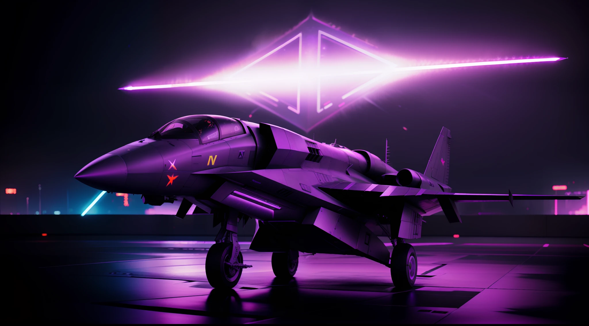 cyberpunk combat jet, 3D rendering in purple light, neon lights, dark moon stars, vibrant, photorealistic, realistic, dramatic, dark, sharp focus, 8k
