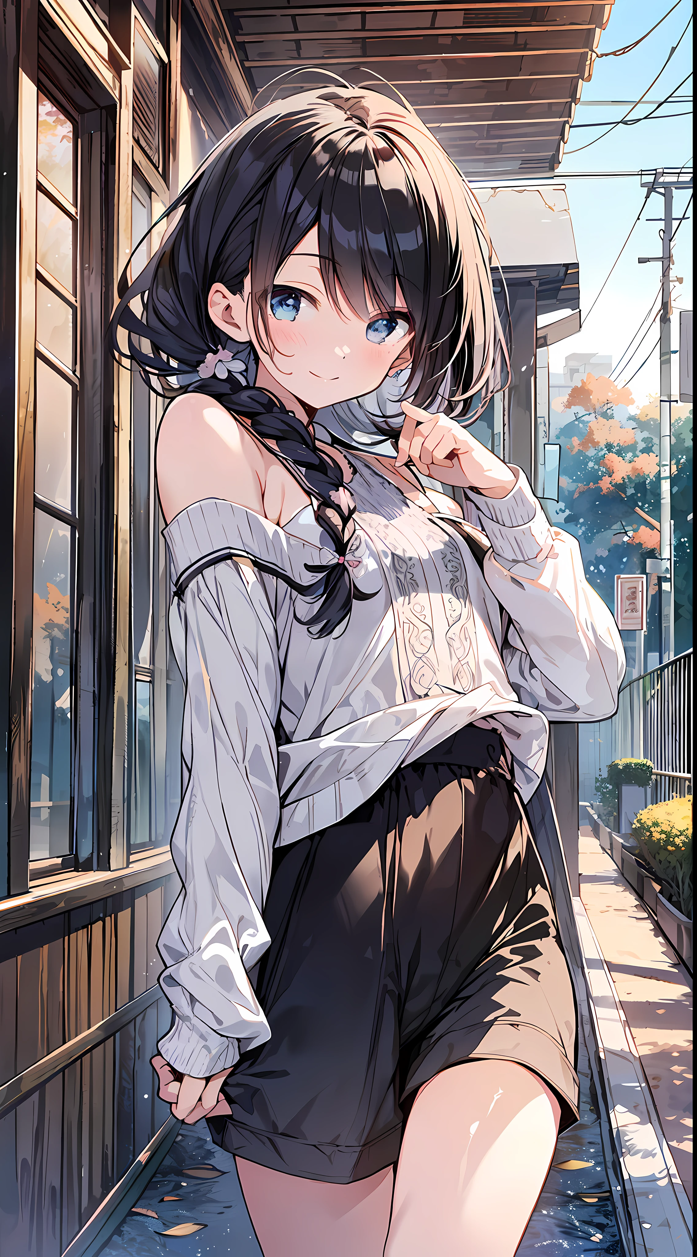 Top quality, masterpiece, ultra high resolution, 8k, (((autumn clothes, shirts, shorts)), shoujo manga style loli, one, soft line drawing, digital enhancement, shojo manga touch, shojo manga core, flowing fabric, close-up, (hair length to shoulders and short braids)), staring at us from the front, soft drawing, beautiful black hair, clear eyes, teasing smile, Ultra-detailed digital anime art, clear face depiction, ultra-detailed shoujo manga character art, ultra-detailed manga style, top quality colors, hand gestures, angle to see up to the feet, landscape with nature