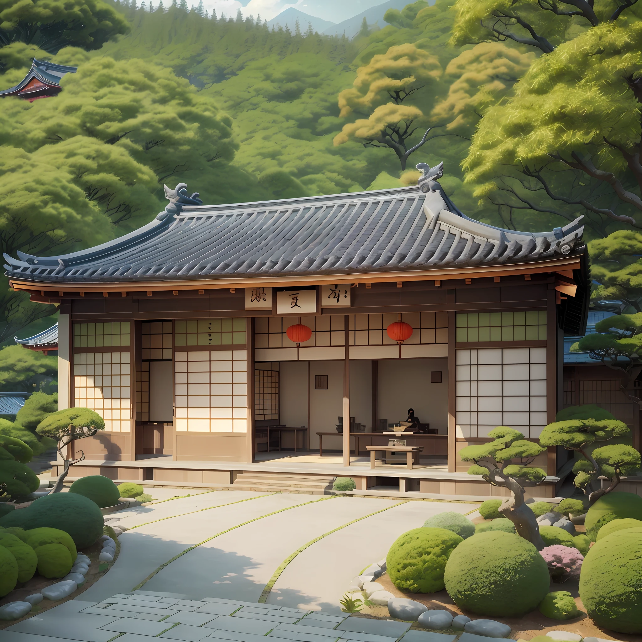 There is a small building with a lot of plants and trees, Japanese tea house, Zen temple background, Japanese temple, Japanese ancient architecture, Akihiko Yoshida. Unreal Engine, inspired by Toshi Yoshida, Japanese architecture, Japanese temples, lush Japanese landscapes, dojos on the mountain, cyberpunk Japanese temples, Japanese villages, inspired by Hanbei Yoshida